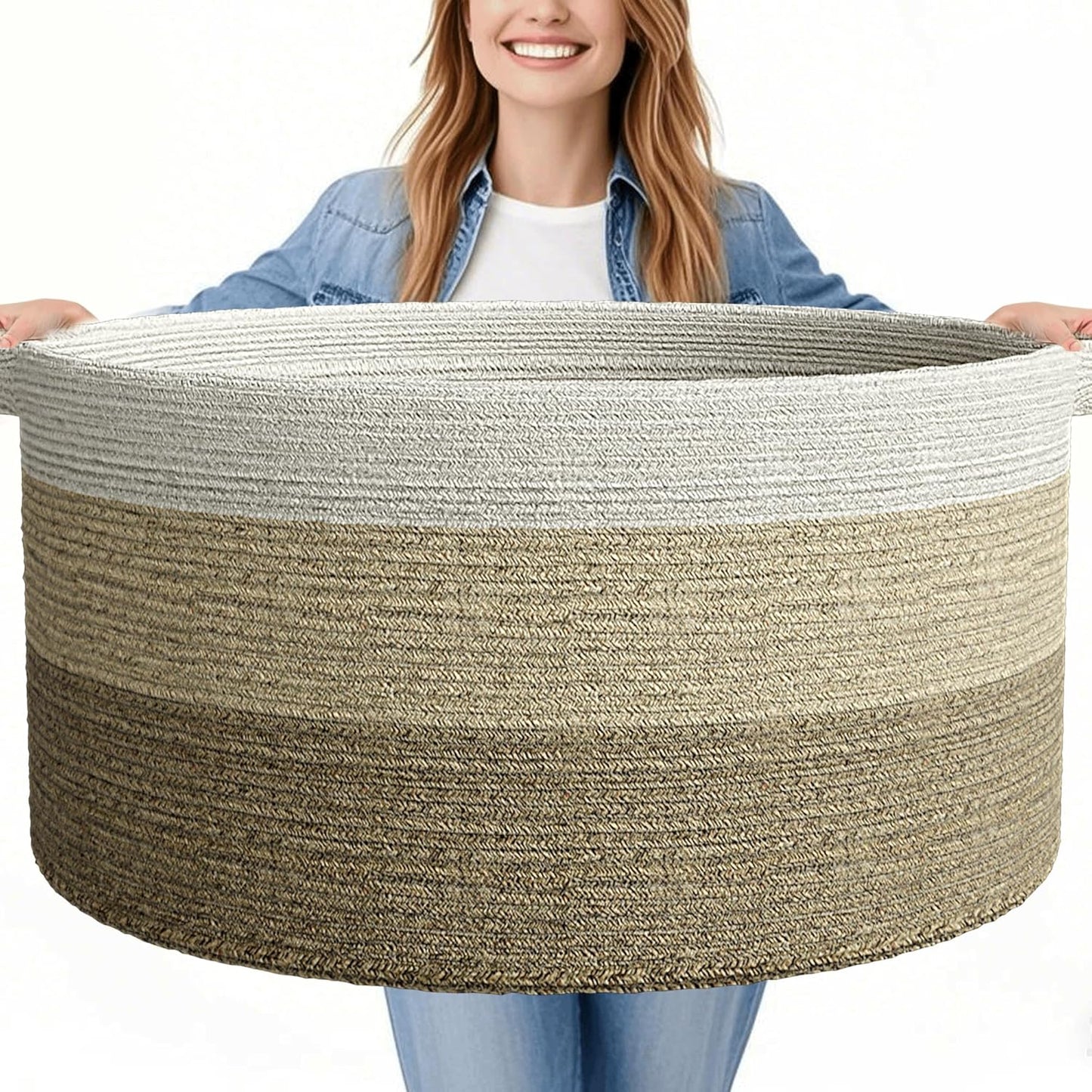 125L Extra Large Blanket Basket, 25" x 16", Jumbo Laundry Woven Basket Decorative Home, Cotton Rope Basket with Handles, Baby Toy Basket for Storage, Gradual Brown, 2PC