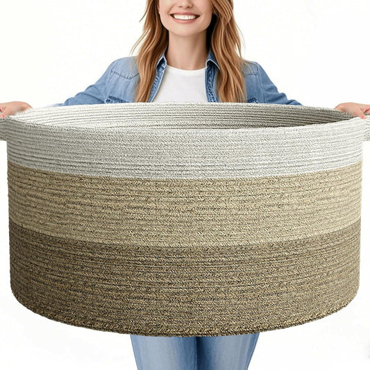 125L Extra Large Blanket Basket, 25" x 16", Jumbo Laundry Woven Basket Decorative Home, Cotton Rope Basket with Handles, Baby Toy Basket for Storage, Gradual Brown