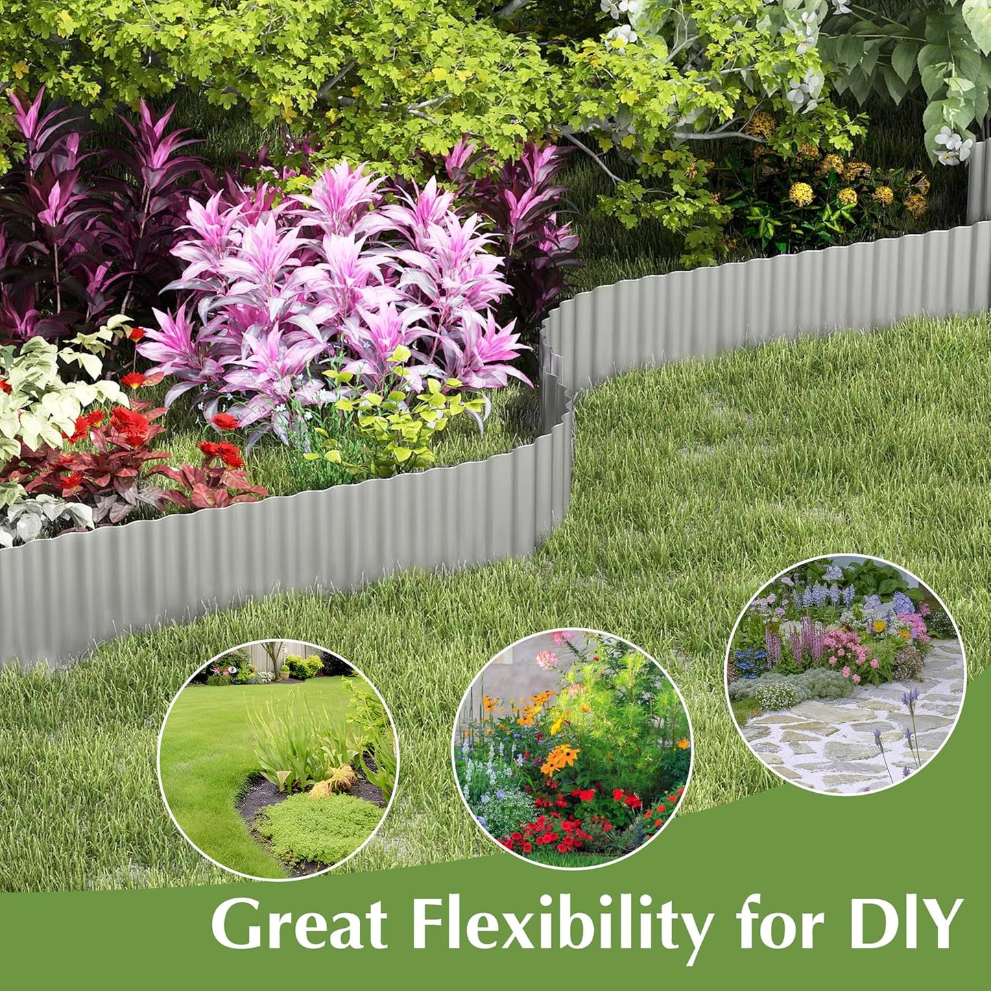 Metal Garden Edging Border, Corrugated Steel Landscaping, DIY for Lawn (Silver, 6 Inch x 40FT)