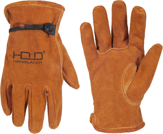 HLDD HANDLANDY Leather Work Gloves for Men & Women, Adjustable Wrist Cowhide Gardening Glove with Reinforced Palm for Driver
