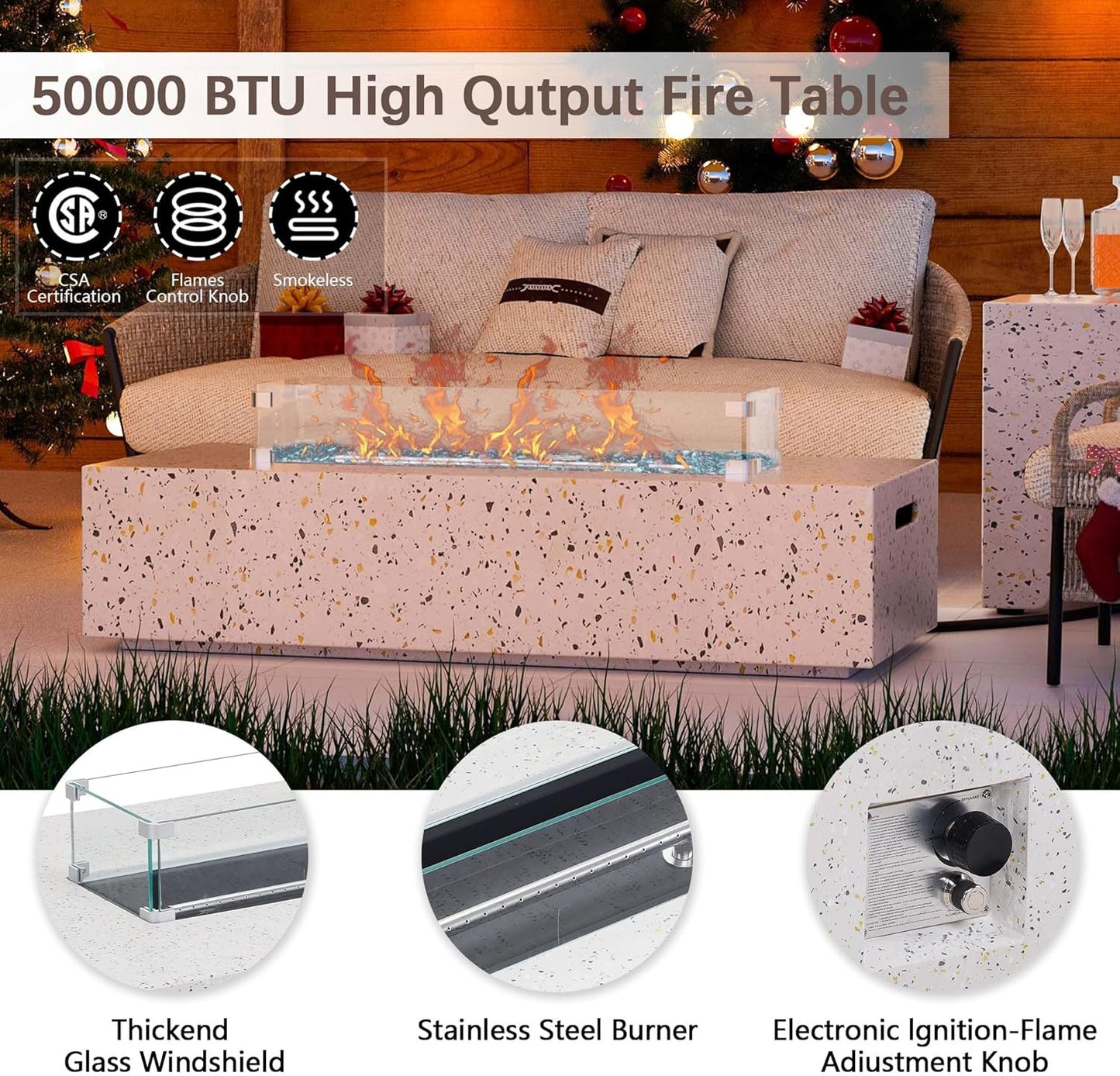 8 Piece Patio Furniture Set - Outdoor Conversation Sets with 56" Fire Table and Coffee Table, Rattan Modular Sofa Set for Garden/Poolside, Beige/Brown