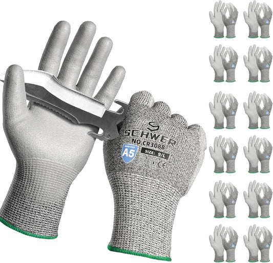 Schwer 240 Pairs ANSI A5 Cut Resistant Work Gloves, Cut Proof Gloves with PU Coating, Used for Metal Fabrication, WoodWorking, Construction, Non Slip, Durable, L, CR3088