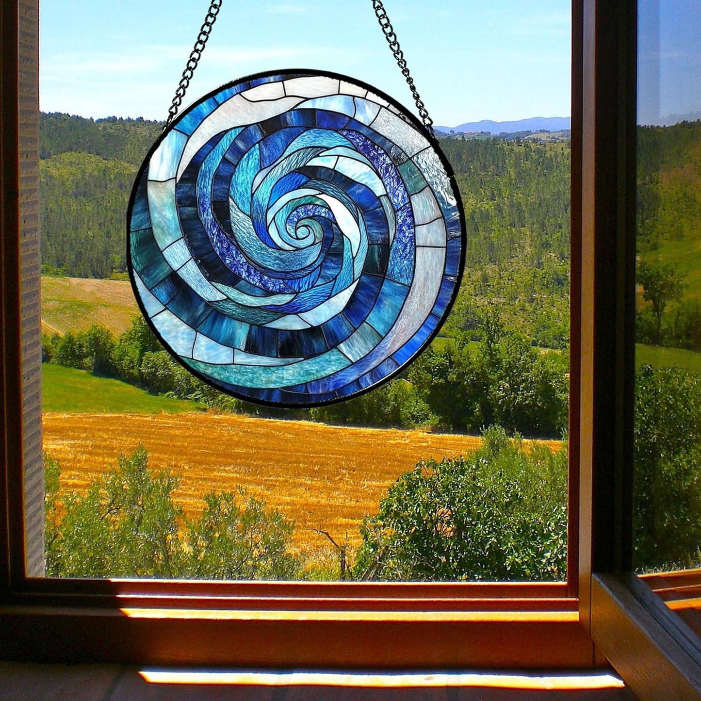 Stained Glass Window Hanging - Blue Abstract Swirl Suncatcher for Doors Garden Patio Unique Sun Catchers Decor Christmas Mother's Day Birthday Gifts for Women Men Mom Nana Friend 15 in