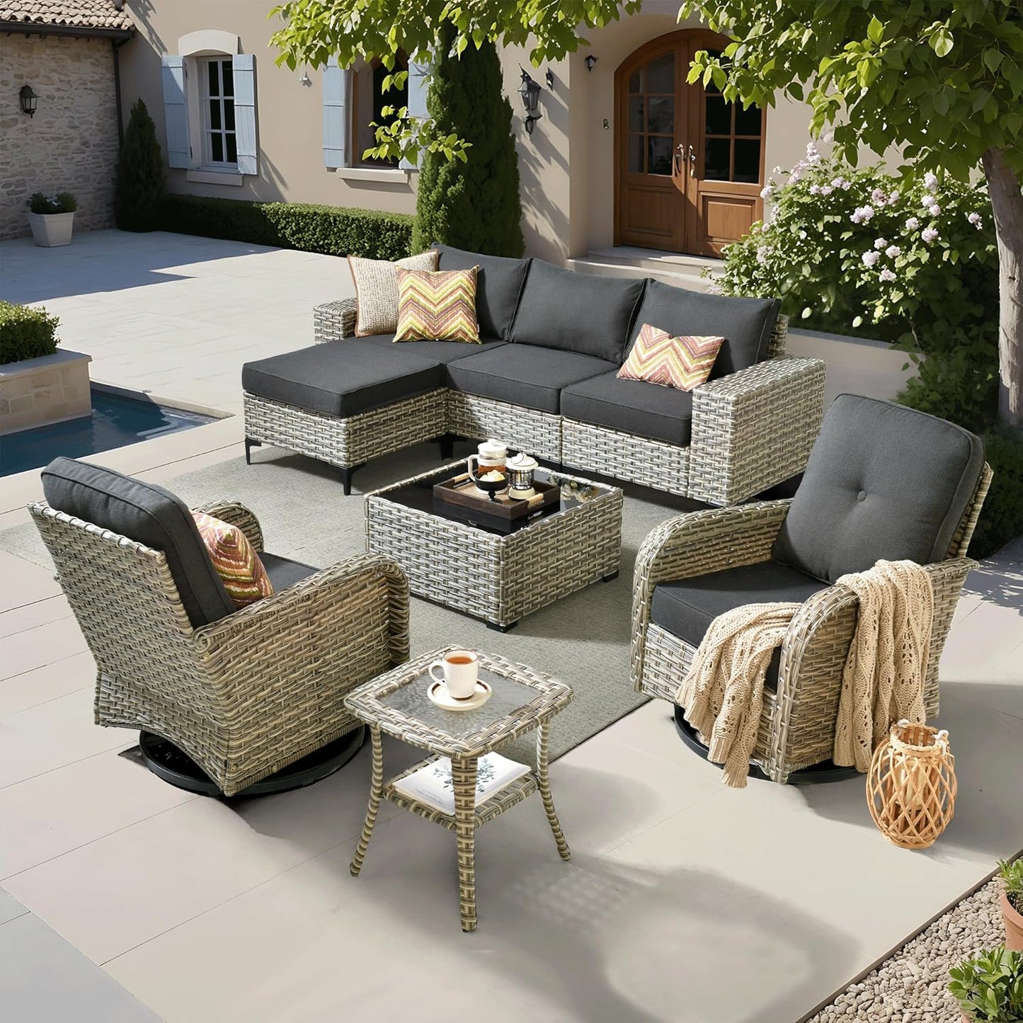 ovios 8 Pieces Patio Furniture Set Outdoor Sectional Sofa Couch with Rocking Swivel Chairs Deep Seat Chaise Comfy Cushions, Modern Modular Wicker Rattan Conversation Set, Black