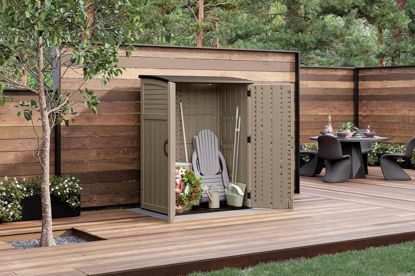Suncast 54 Cubic Feet Vertical Storage Shed with Durable Plastic Construction, Multiple Wall Panels and Ample Space for Outdoor Storage