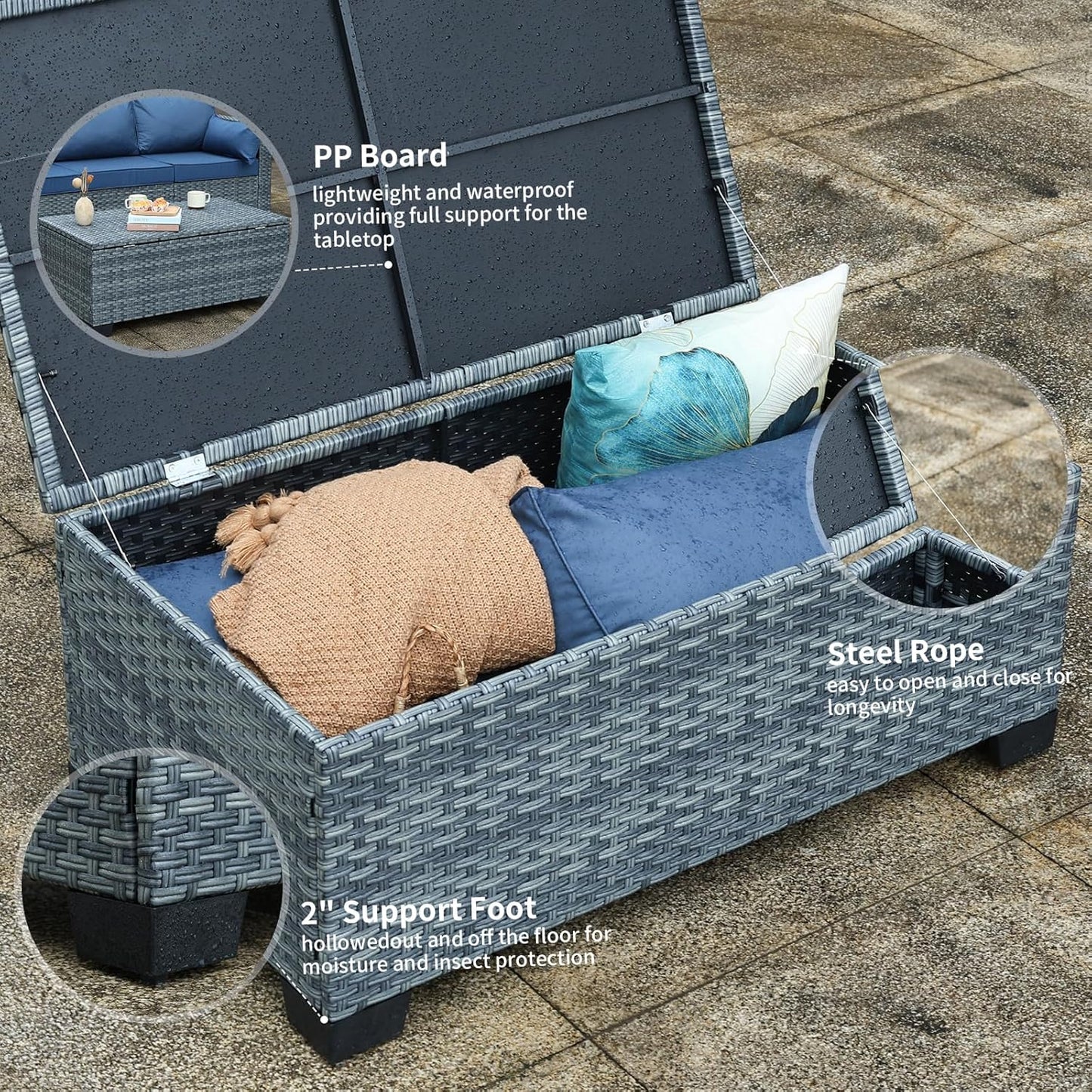 Outdoor Storage Table Wicker Patio Coffee Table All-Weather Rattan Side Table with Waterproof Cover, Grey