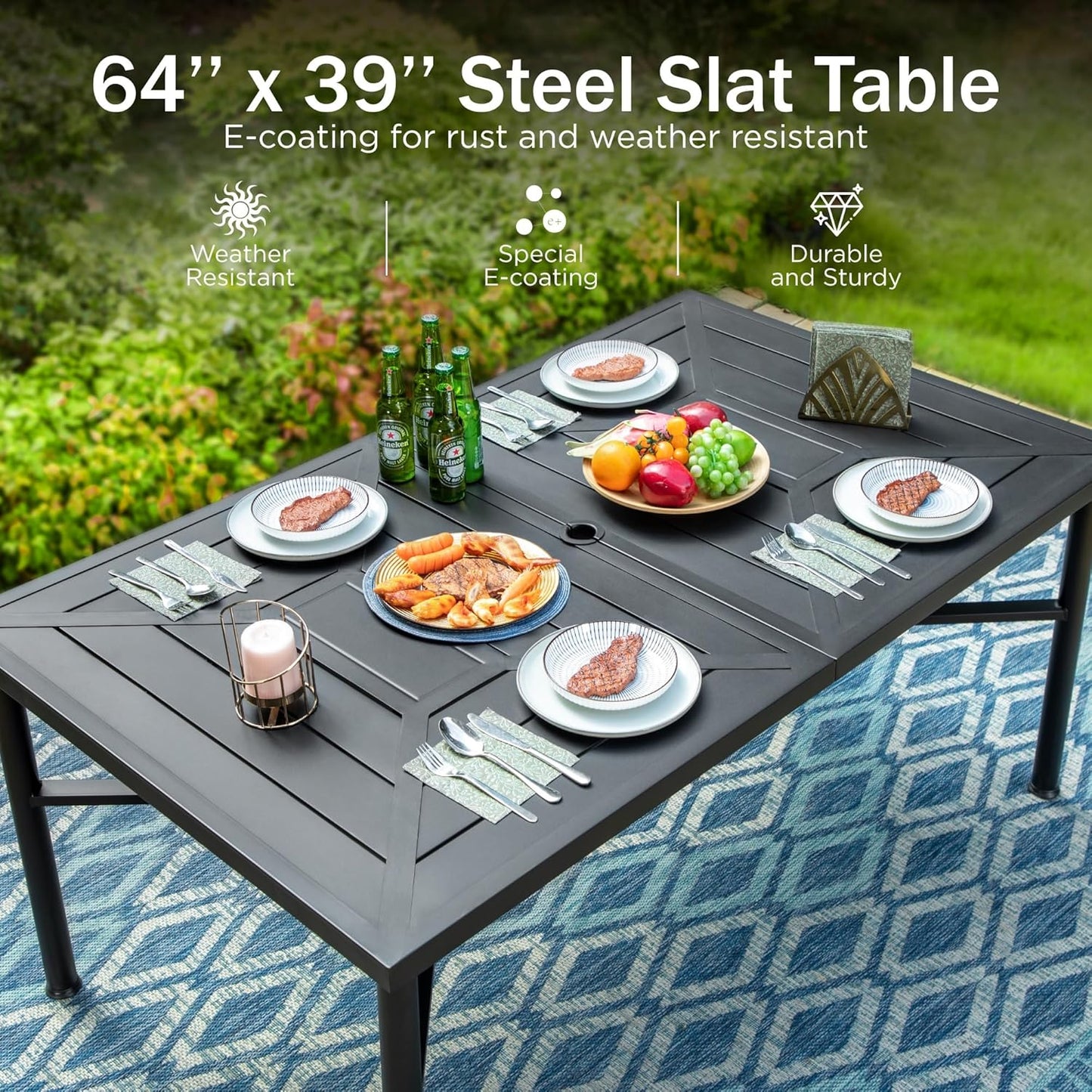 PHI VILLA 7 Piece Patio Dining Set, 6 Outdoor Swivel Patio Chairs & 1 Rectangular Large Metal Table (1.7" Umbrella Hole), All Weather Dining Furniture Set for Lawn Garden (Blue)