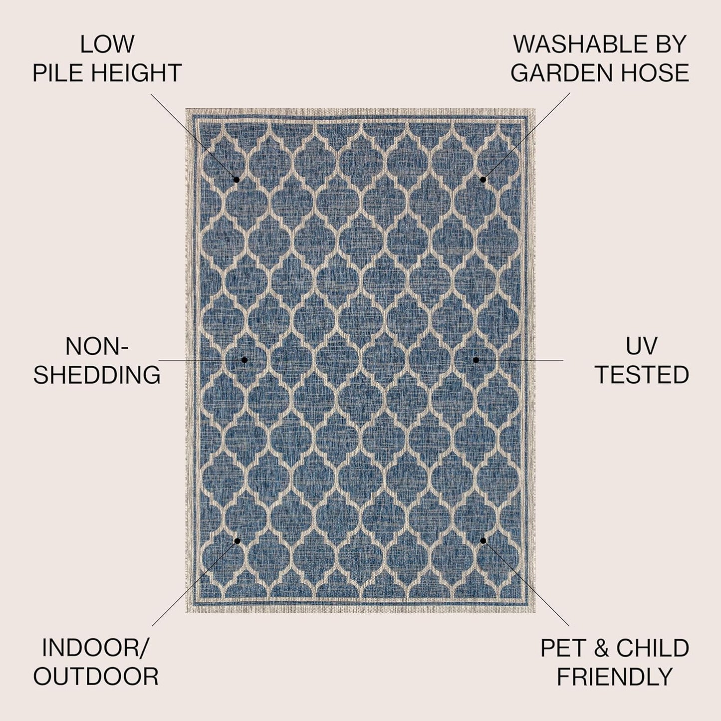 Eyely BMS109D-6 Santa Monica Trebol Moroccan Trellis Textured Weave, Pet Friendly, Non-Shedding, Stain Resistant, Easy-Cleaning, Navy/Gray, 6 ft. x 9 ft., Indoor/Outdoor, Area Rug