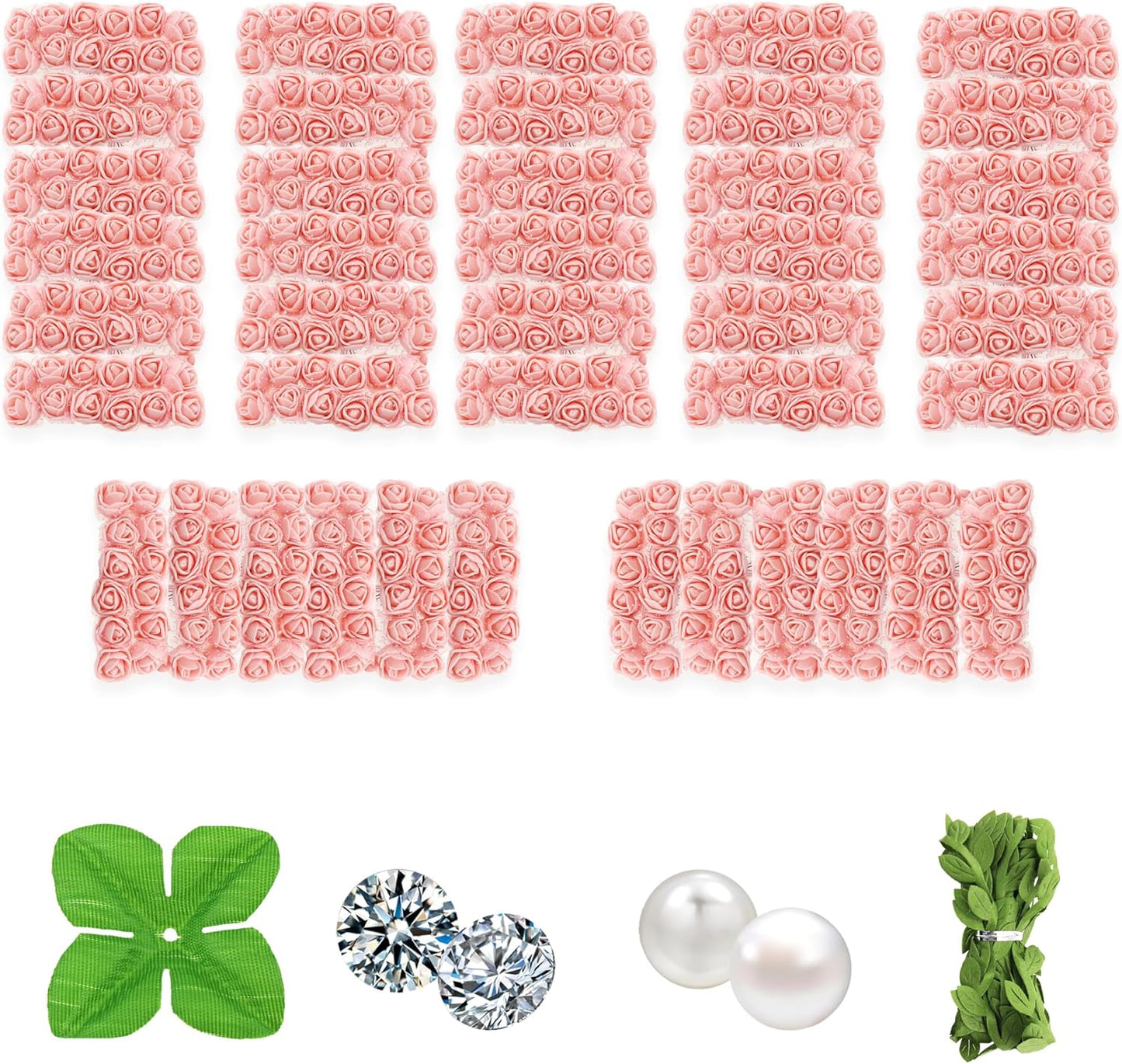 500 Pcs 0.6 Inch Mini Artificial Flowers Head Bulk 5 in 1 Set Faux Foam Fake Small Rose Tiny Baby Flores Bouquet Wreath Gift Hair Clip Home Decoration DIY Craft (Peach)