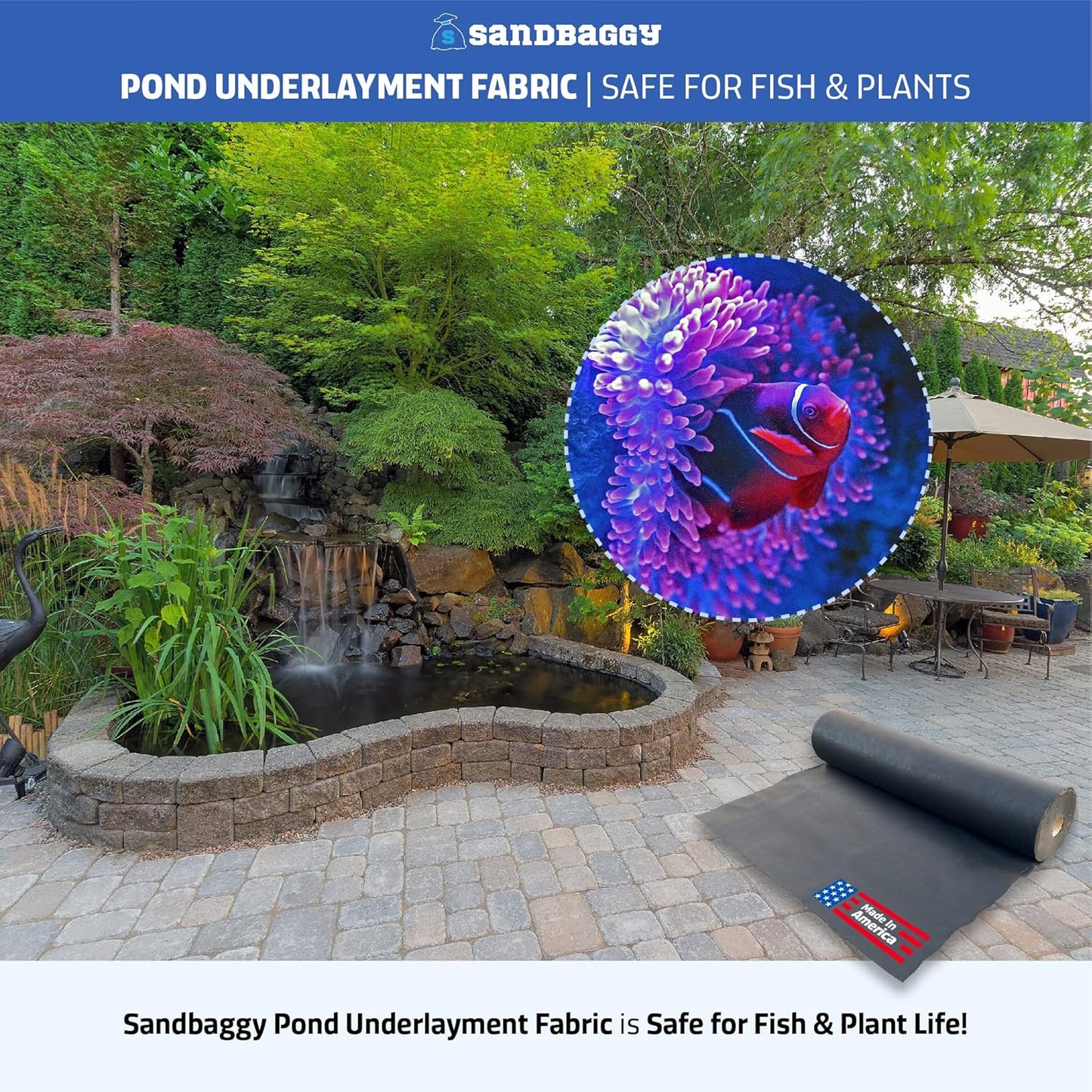 Sandbaggy Geotextile Pond Underlayment Padding | Made in USA | 50 YEAR Life* | Non Woven Fabric Protects Pond Liner From Damage | Made of Industrial Grade DOT Approved Fabric (15 ft x 50 ft or 750 sq ft)