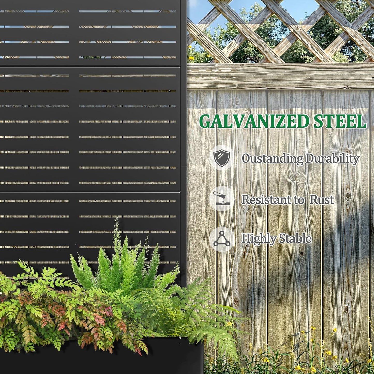 Metal Raised Garden Bed with Trellis, 2 in 1 Trellis with Planter Box & Privacy Screen for Climbing Plants, Vine, Outdoor Standing Flower Beds with Drainage Holes, 47" L x 17" W x 71" H, Black