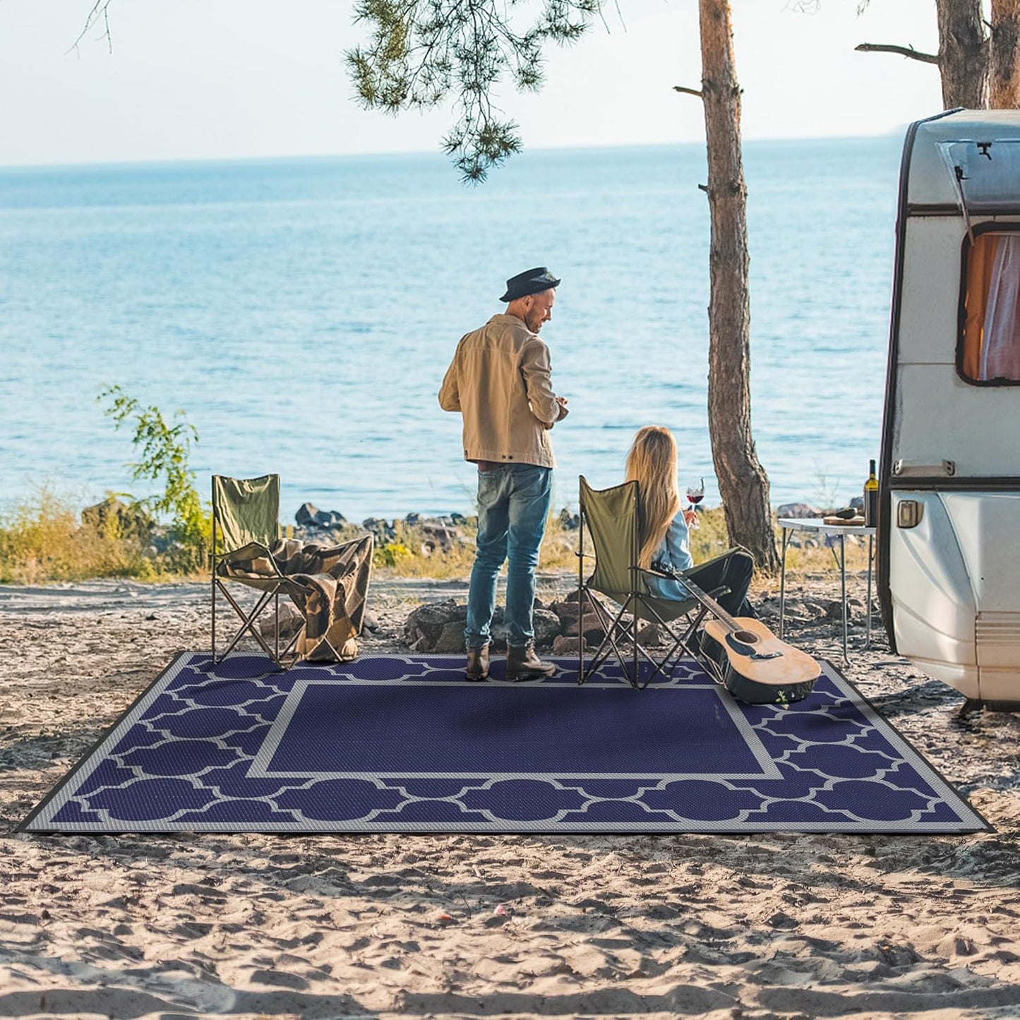 GENIMO 6' x 9' Outdoor Rug Waterproof for Patio Decor, Foldable Reversible Plastic Straw Area Rugs Mat for Camper, Outside Carpet for Rv, Deck, Porch, Picnic, Beach, Balcony, Blue & Grey