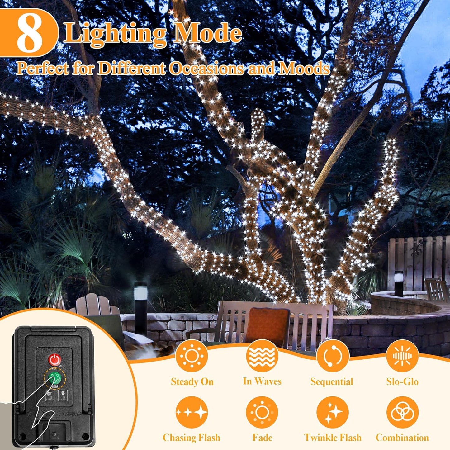 Solar String Lights 120LED 40FT, IP67 Waterproof Solar Lights for Outside with 8 Lighting Modes, Upgraded Solar Panel Fairy Lights for Garden Party Wedding Decorations (Cool White)