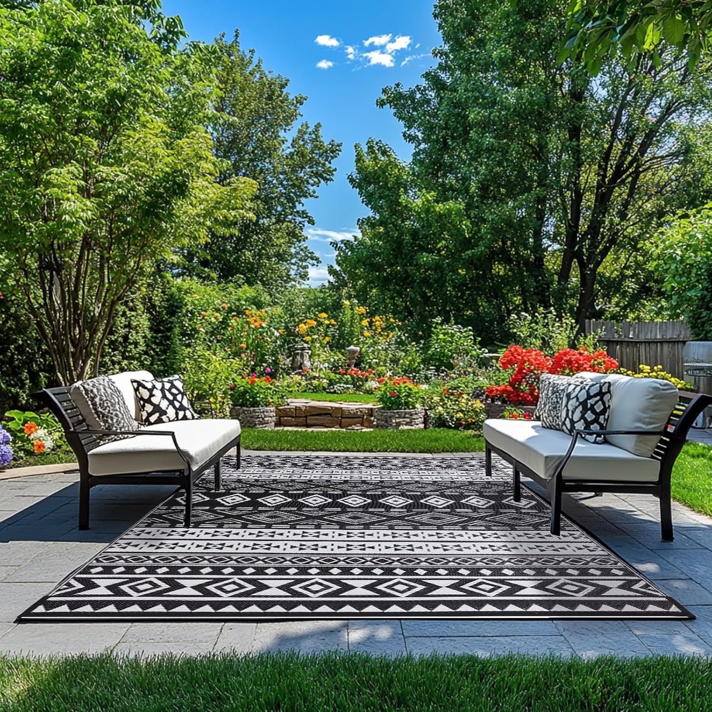 WILDROOTS 8x10 Feet Black and White Plastic Outdoor Rug, Stain Resistant Waterproof Reversible Outdoor Patio Rug, Fade Resistant Camping Rug