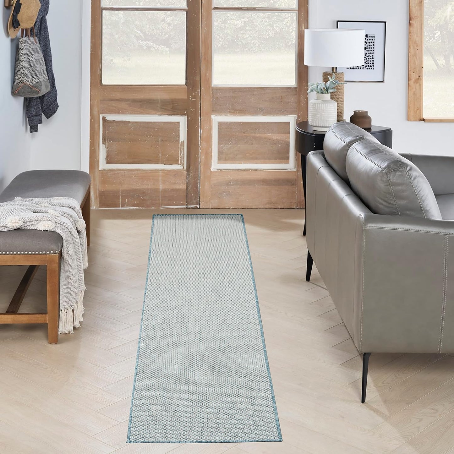 Nourison Home Courtyard Indoor/Outdoor Ivory/Aqua 2'2" x 10' Area Rug, Easy Cleaning, Non Shedding, Bed Room, Living Room, Dining Room, Backyard, Deck, Patio (2x10)