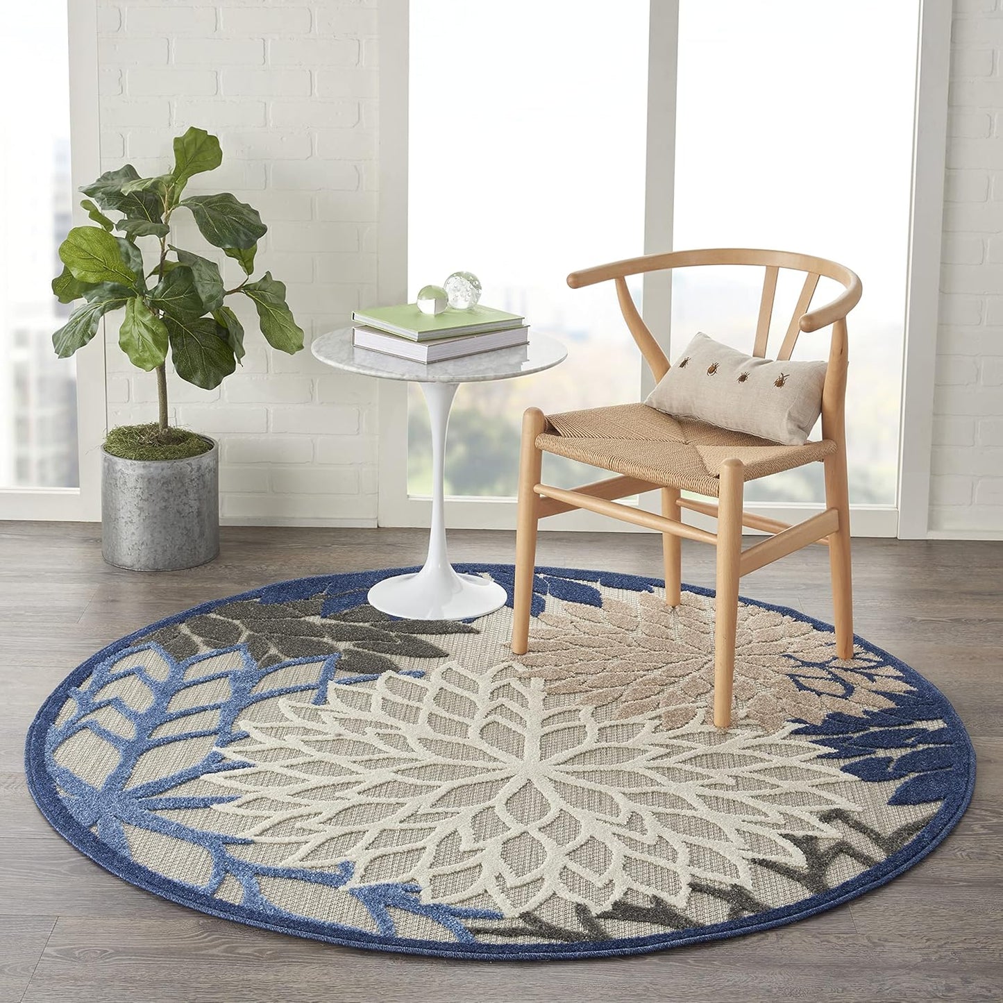 Nourison Aloha Indoor/Outdoor Blue/Multicolor 5'3" x Round Area Rug, Tropical, Botanical, Easy Cleaning, Non Shedding, Bed Room, Living Room, Dining Room, Deck, Backyard, Patio (5 Round)