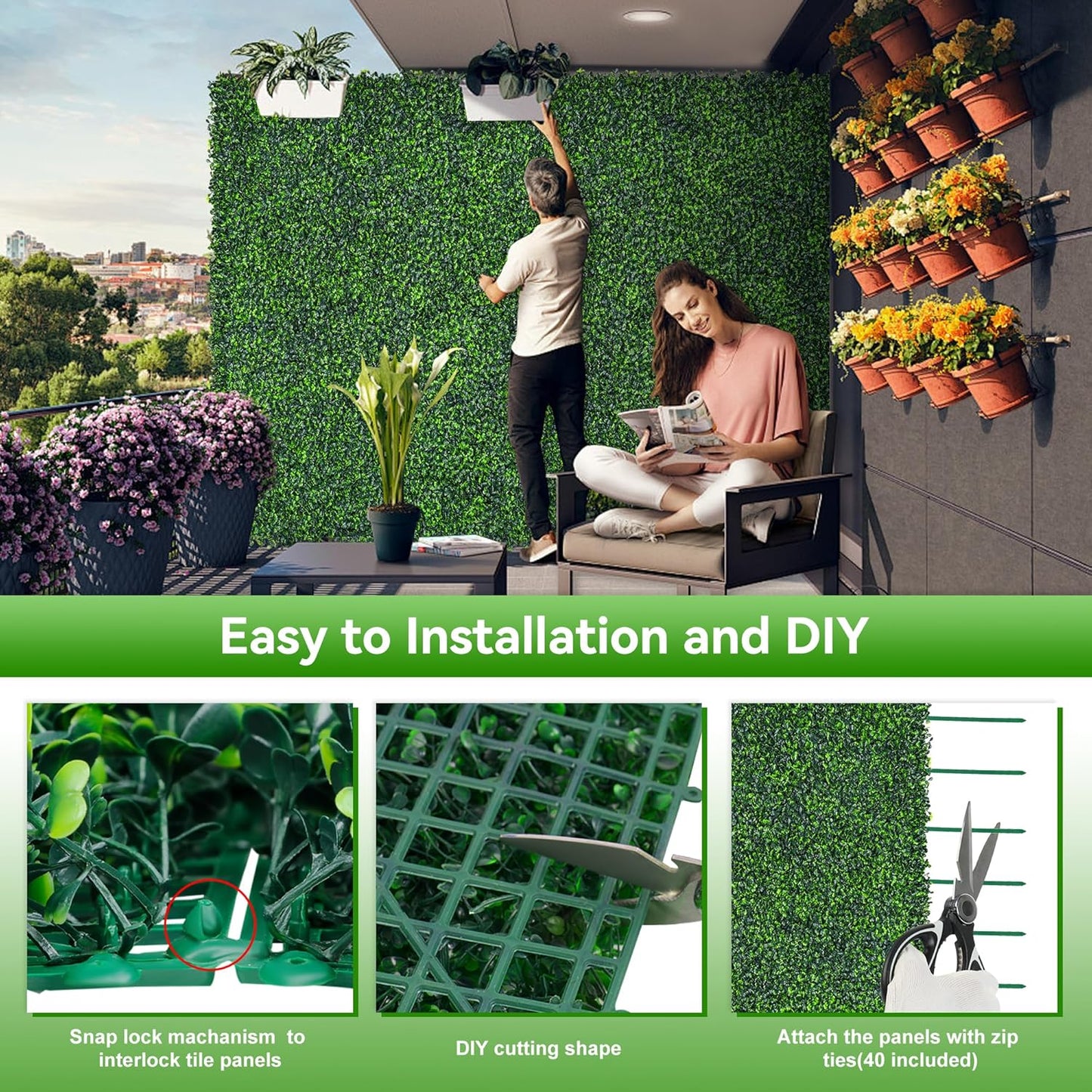 Artificial Boxwood Roll,48x140in(47 sqft) UV-Anti Faux Ivy Grass Wall Backdrop for Balcony Privacy, Fake Grennery Wall Decor for Garden, Patio, Backyard