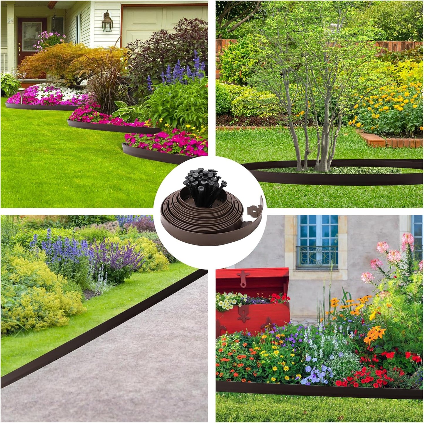 Garden Edging Kit Flexible Lawn Edging, Landscape Edging Border 33 FT with 30 Spikes, 4" Tall No Dig Garden Edging Roll for Landscaping Flower Beds Yard Pathway (4IN x 33FT, Brown)