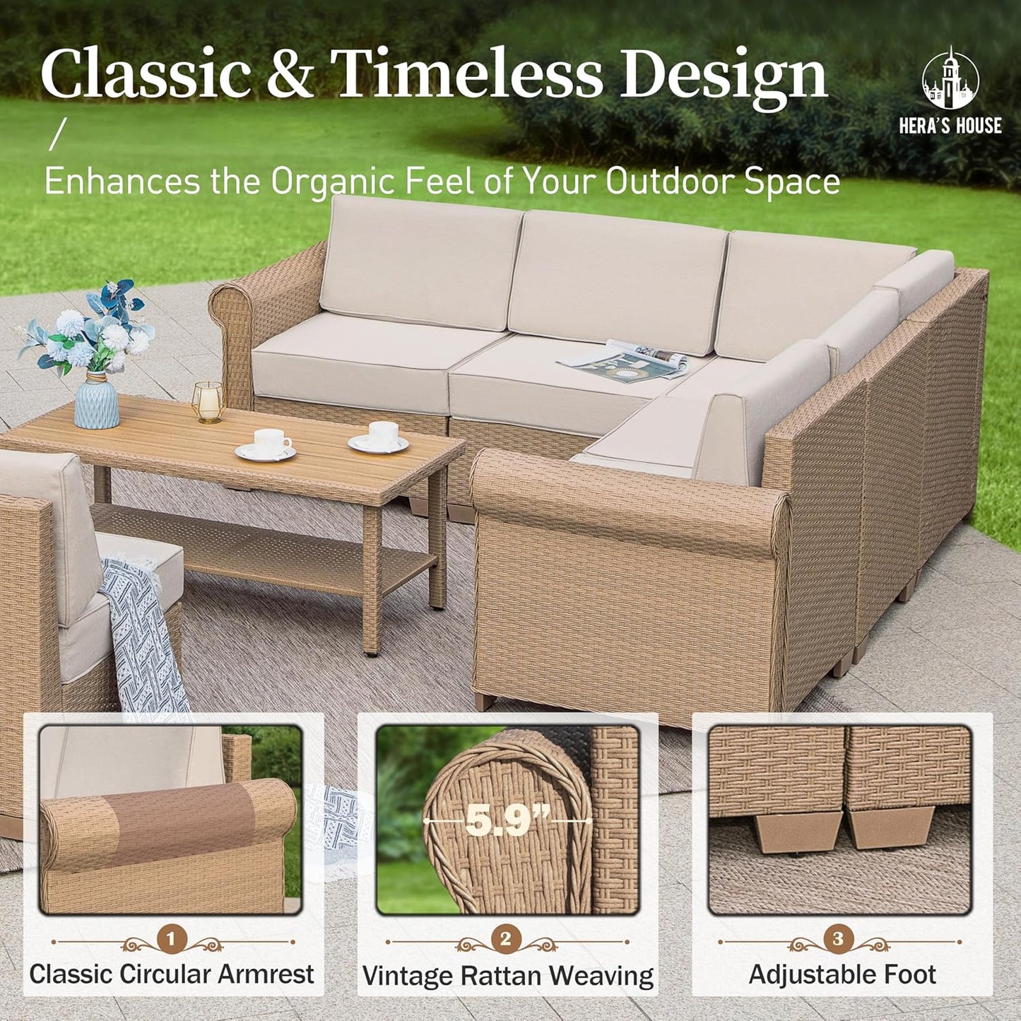 HERA'S HOUSE Patio Furniture Set, All Weather 4 Seats Outdoor Sectional Wicker Sofa with 44" Coffee Table, 5.5" Thick Waterproof Cushion Modular Conversation 5 Pieces Sofa Set for Garden Deck Backyard