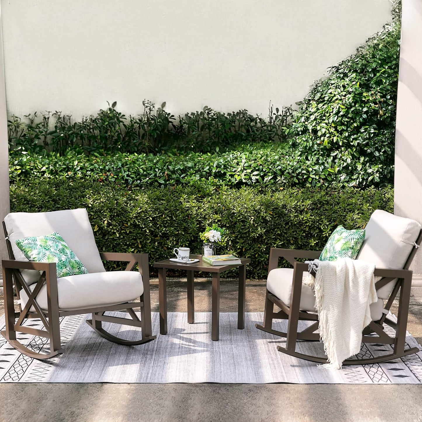 NATURAL EXPRESSIONS Rocking Bistro Set, 3 Piece Outdoor Patio Conversation Furniture Set with 2 Rockers and 1 Metal Coffee Table with Thick Cushions,2 Pack Patio Chair Covers Waterproof