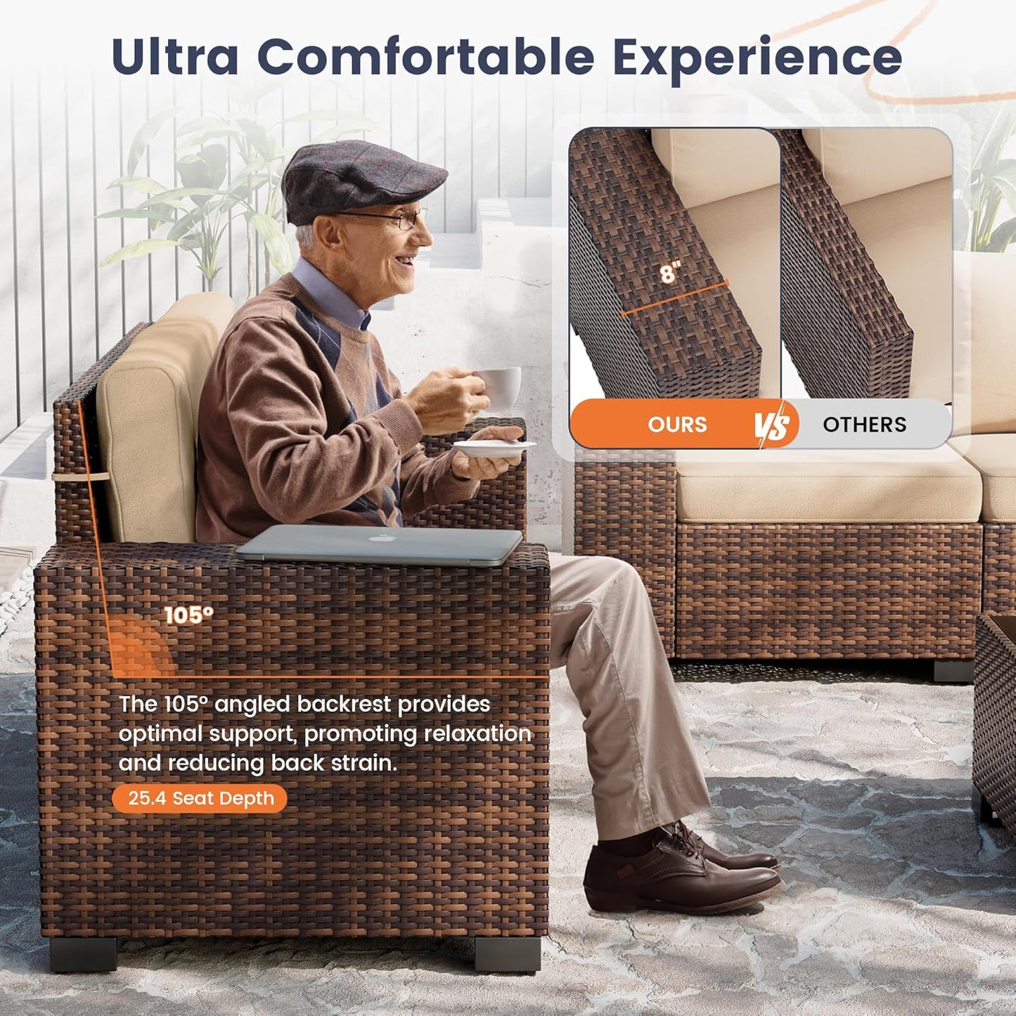 UDPATIO Patio Furniture Set with Fire Pit Table, 8 Inch Armrest Outdoor Sectional Sofa, 9 Piece Wicker Outdoor Furniture Conversation Sets with Waterproof Cover for Backyard Deck(Brown/Khaki)