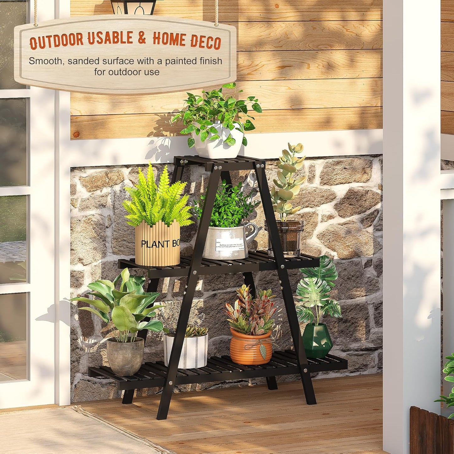 Plant Stand Indoor Plant Shelf Outdoor bamboo Plant Rack, 3 Tiers Ladder Plant Holder Flower Stand for Living Room Balcony Garden Patio,Living Room Boho Home Decor for Gardening Gifts (Black)