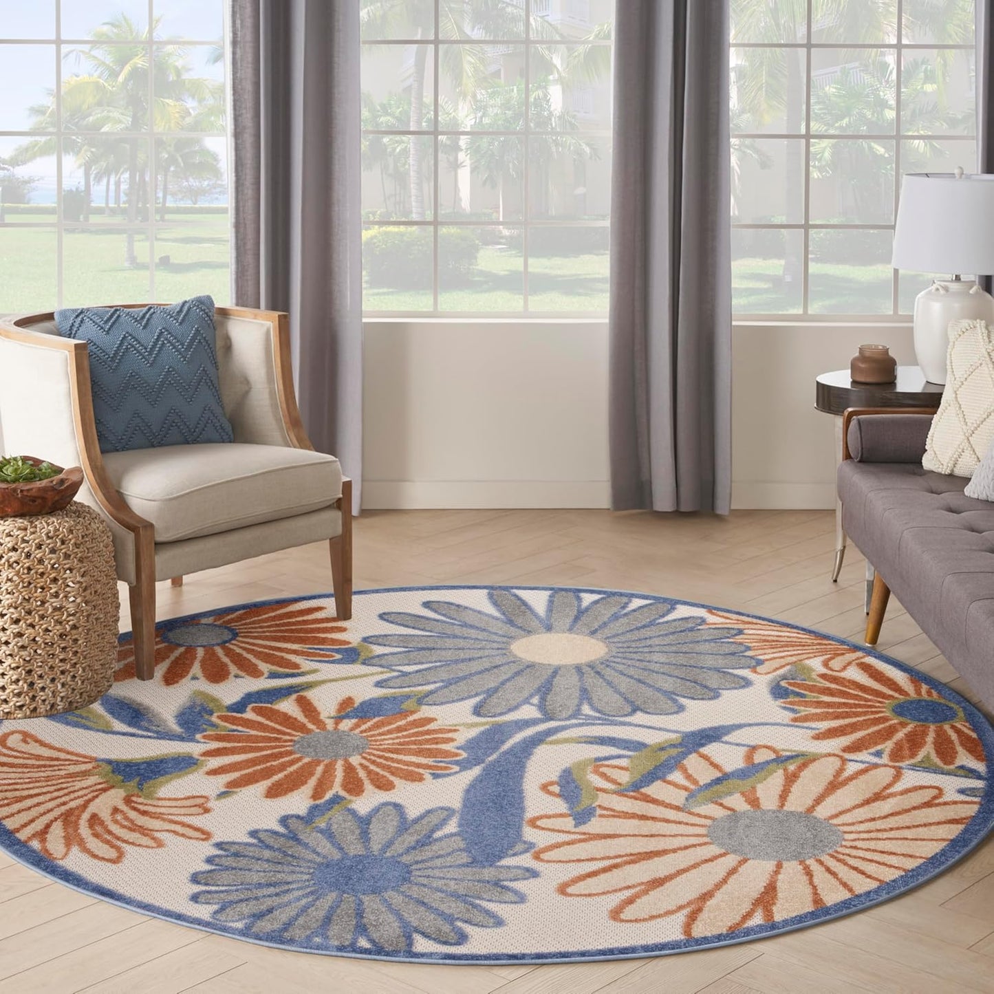 Nourison Home Aloha Beige Multicolor 5'3" x Round Area Rug - Easy Cleaning, Non Shedding, Bed Room, Living Room, Dining Room, Kitchen (5' x Round)