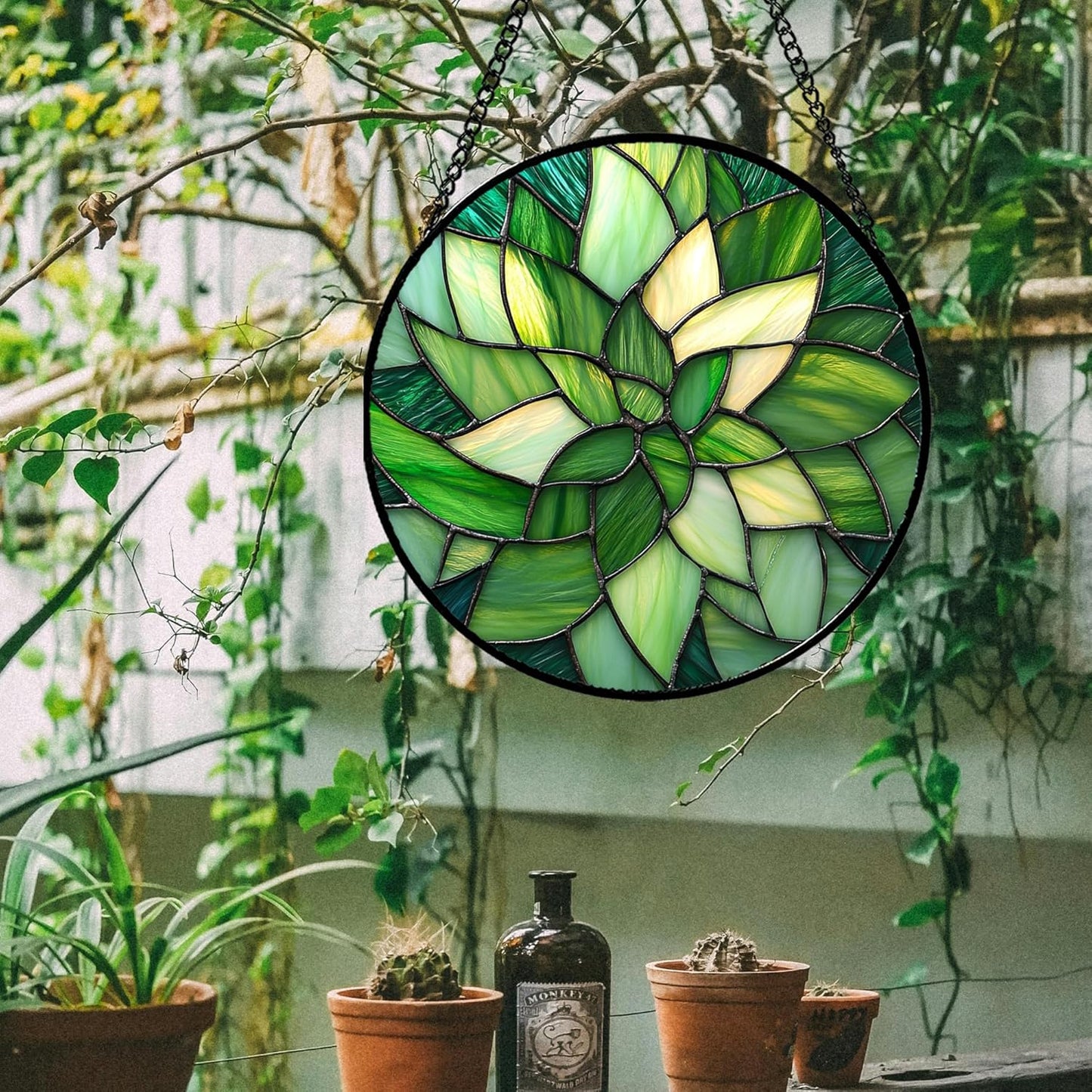 Stained Glass Window Hanging - Green Plants Suncatcher for Doors Garden Patio Flowers Sun Catchers Decor Christmas Mother's Day Birthday Gifts for Women Men Mom Nana Friend 15 in