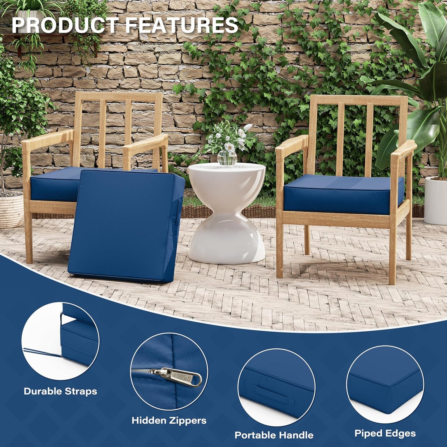 Patio Chair Cushions 19 X 19 X 4 Inch Waterproof Outdoor Seat Cushions for Patio Furniture, Outdoor Sofa Couch Pads with Ties & Handle, Set of 2, Blue