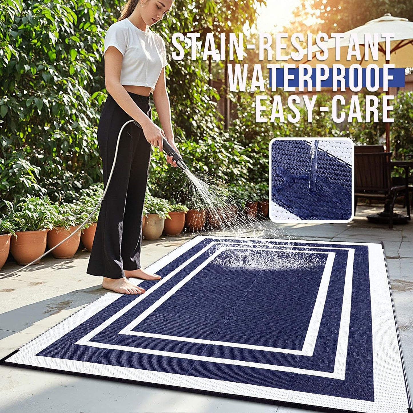 OLANLY Outdoor Rug 8x10 ft Waterproof, Reversible Outdoor Plastic Straw Rug, RV Mat, Indoor Outdoor Carpet Clearance for Patio, Camping, Balcony, Deck, Backyard, Navy & White