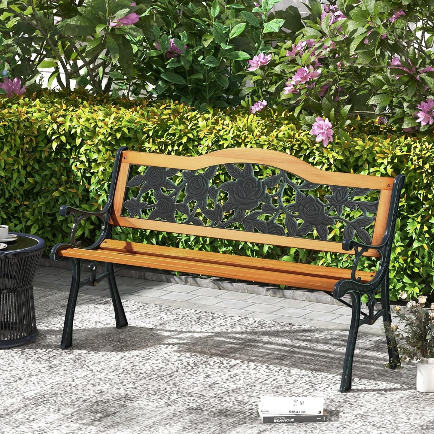 Tangkula Outdoor Garden Bench Park Bench, Patio Furniture Bench Chair with Cast Iron & Hardwood Structure, Weather Proof Porch Loveseat, Perfect for Backyard, Deck, Lawn, Poolside