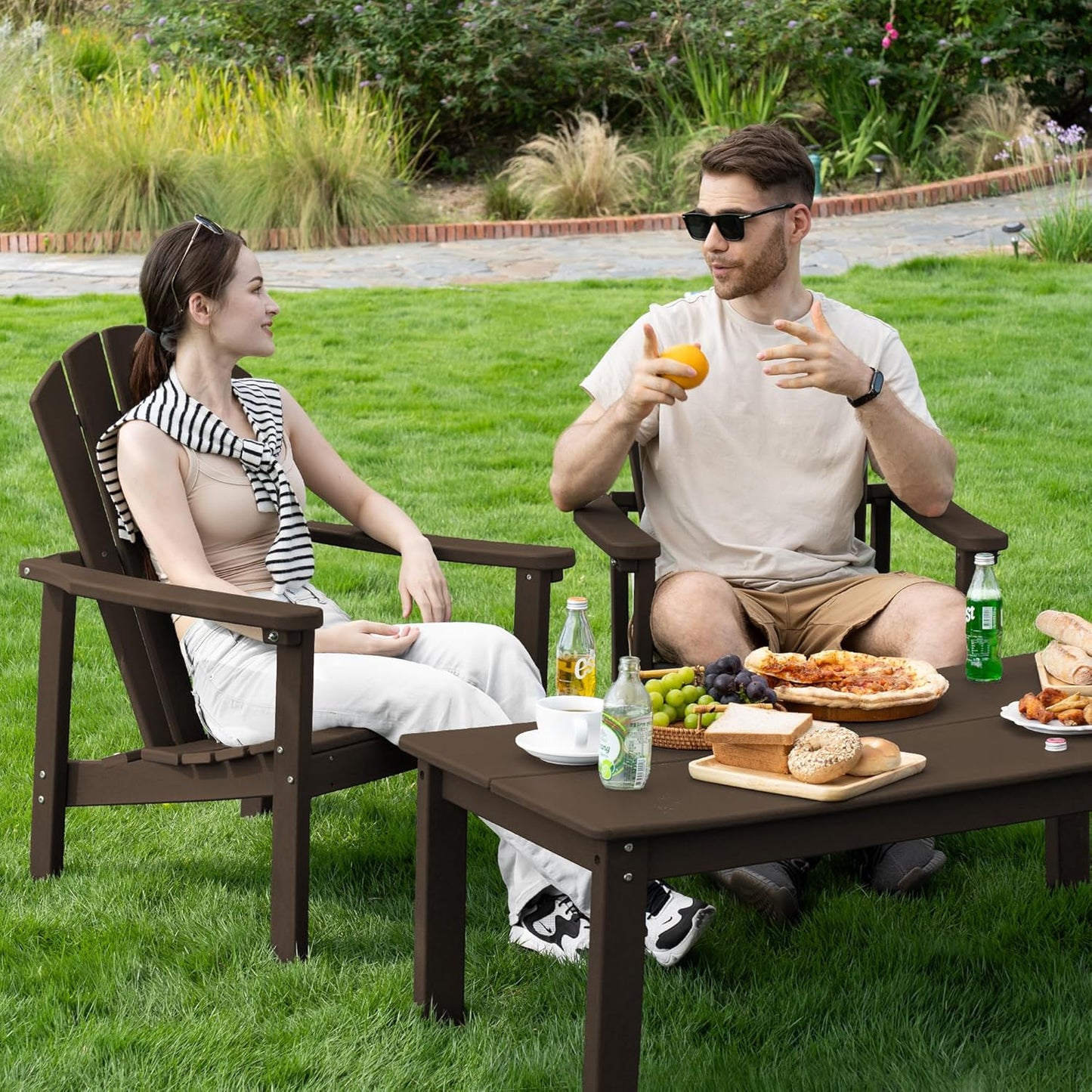 Stackable Adirondack Chair Set of 2, HDPE Outdoor Patio Chair - Durable and Space Saving, Suitable for Porches, Lawns or Garden, Coffee