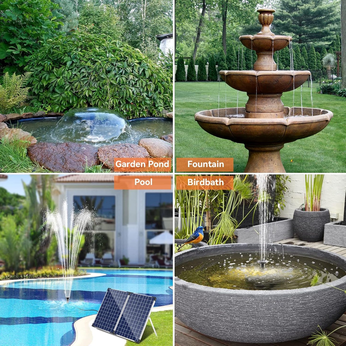 POPOSOAP Solar Fountain Pump 35 Watt, 480GPH Solar Water Pond Pump with PVC Tubing 4 Spray Heads 16.5ft Cable Length for Garden Pond Fountain Waterfall Hydroponics Pool