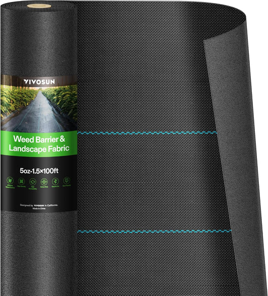 VIVOSUN Premium Weed Barrier Landscape Fabric Heavy Duty, 1.5ftx100ft 5oz Double-Layered Weed Control Mat with High Permeability, Commercial Ground Cover, Easy Set up & Superior Weed Control