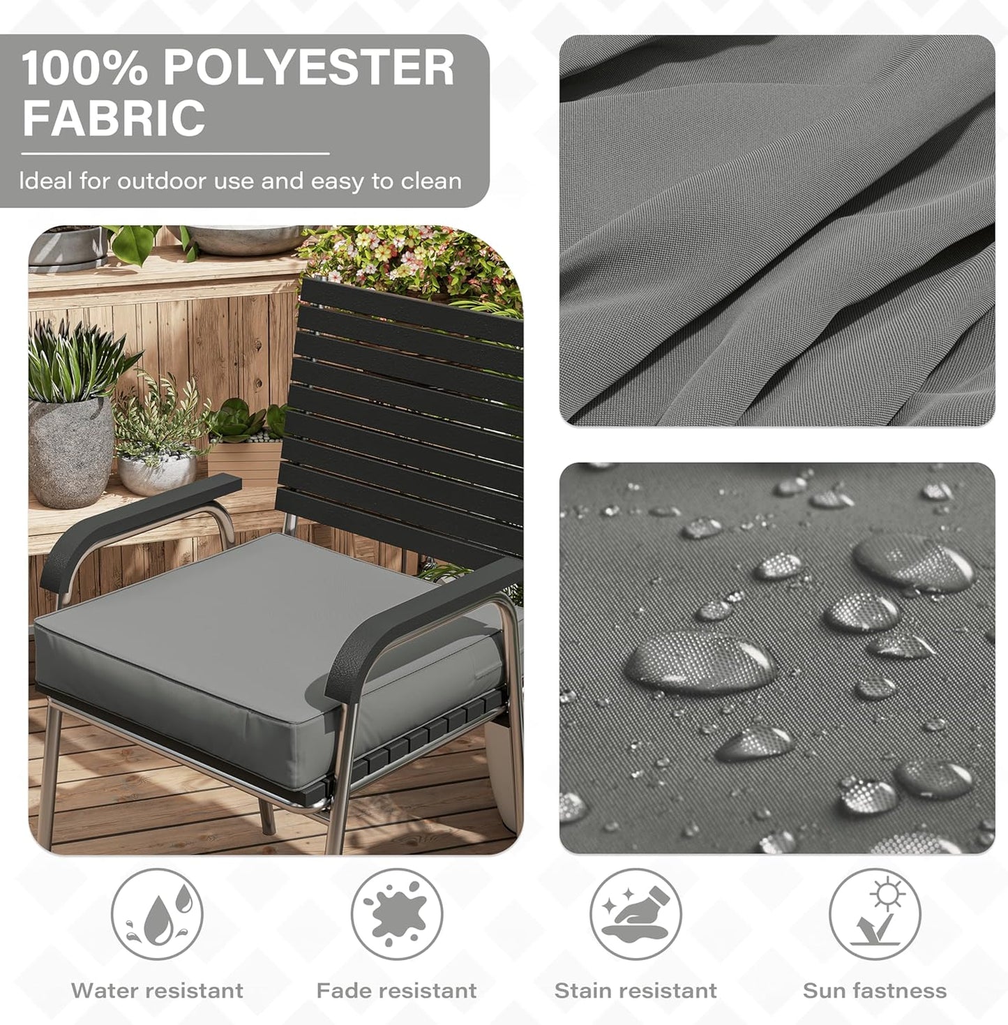 Patio Chair Cushions 22 X 22 X 4 Inch Waterproof Outdoor Seat Cushions for Patio Furniture, Outdoor Sofa Couch Pads with Ties & Handle, Set of 2, Light Grey