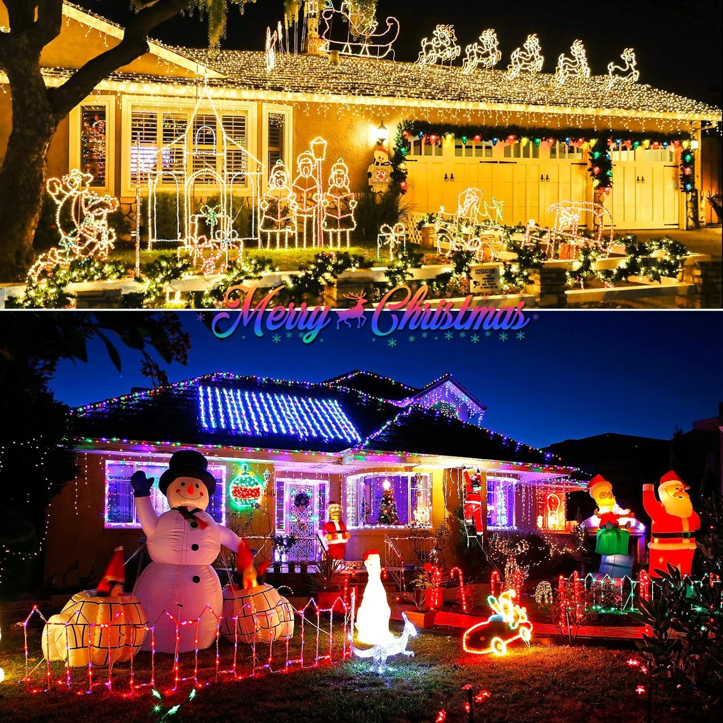 JMEXSUSS 2 Pack Warm White and Multicolor Solar Christmas Lights, Total 400 LED 151FT Color Changing Solar String Lights Outdoor Waterproof for Outside Yard Tree Xmas Christmas Decorations