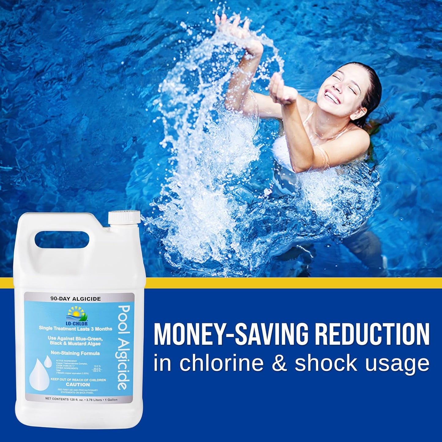 Pool Algaecide for Swimming Pools -Single Treatment Lasts 3 Months, Effective Algaecide for Pool with Unique Organo-Copper Complex - Black, Mustard, and Green Algae Killer for Pools (128 Oz)