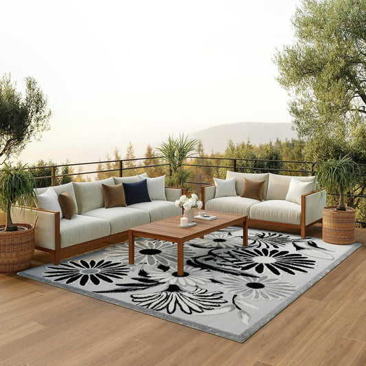 Nourison Home Aloha Indoor/Outdoor Black White 9' x 12' Area Rug, Easy Cleaning, Non Shedding, Bed Room, Living Room, Dining Room, Kitchen (9x12)