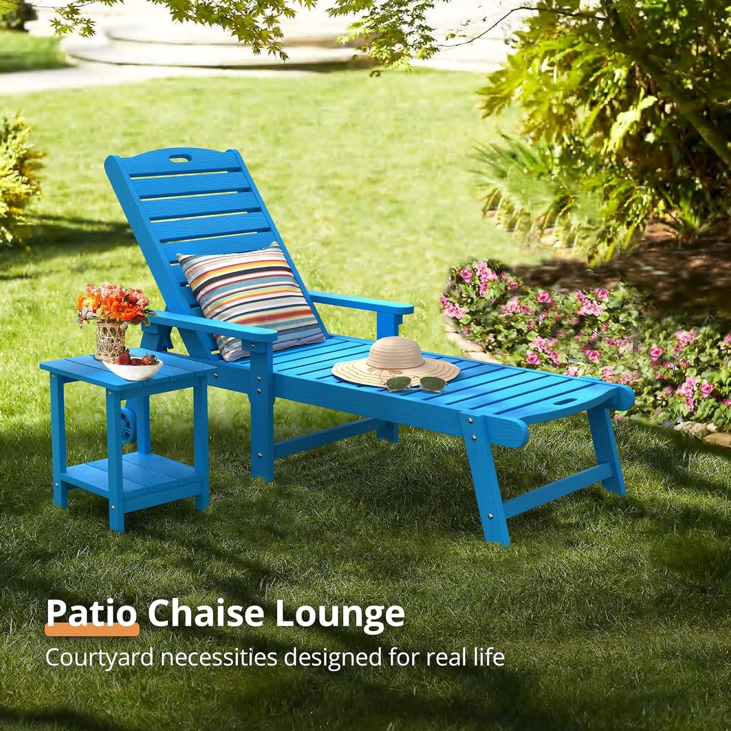 LUE BONA Outdoor Chaise Lounge, 79'' Oversized HDPS Chaise Lounger, 5 Positions Adjustable Lounge Chairs, Pool Lounge Chair with Wheels for Poolside, Backyard, 3 Year Warranty, Blue