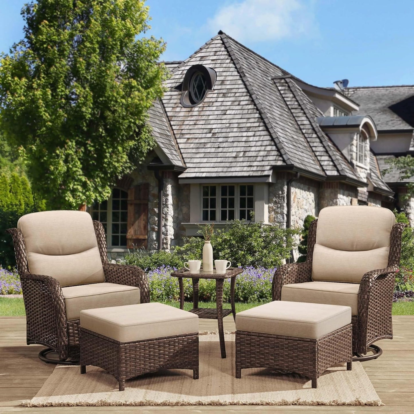 HILLGA Luxury Outdoor Swivel Rocker Patio Chairs of 2 with 6 Inch Thick Cushions and Side Table, Swivel Outdoor Chairs 5PCS High Back Wicker Patio Furniture Set for Porch, Balcony, Deck in Beige
