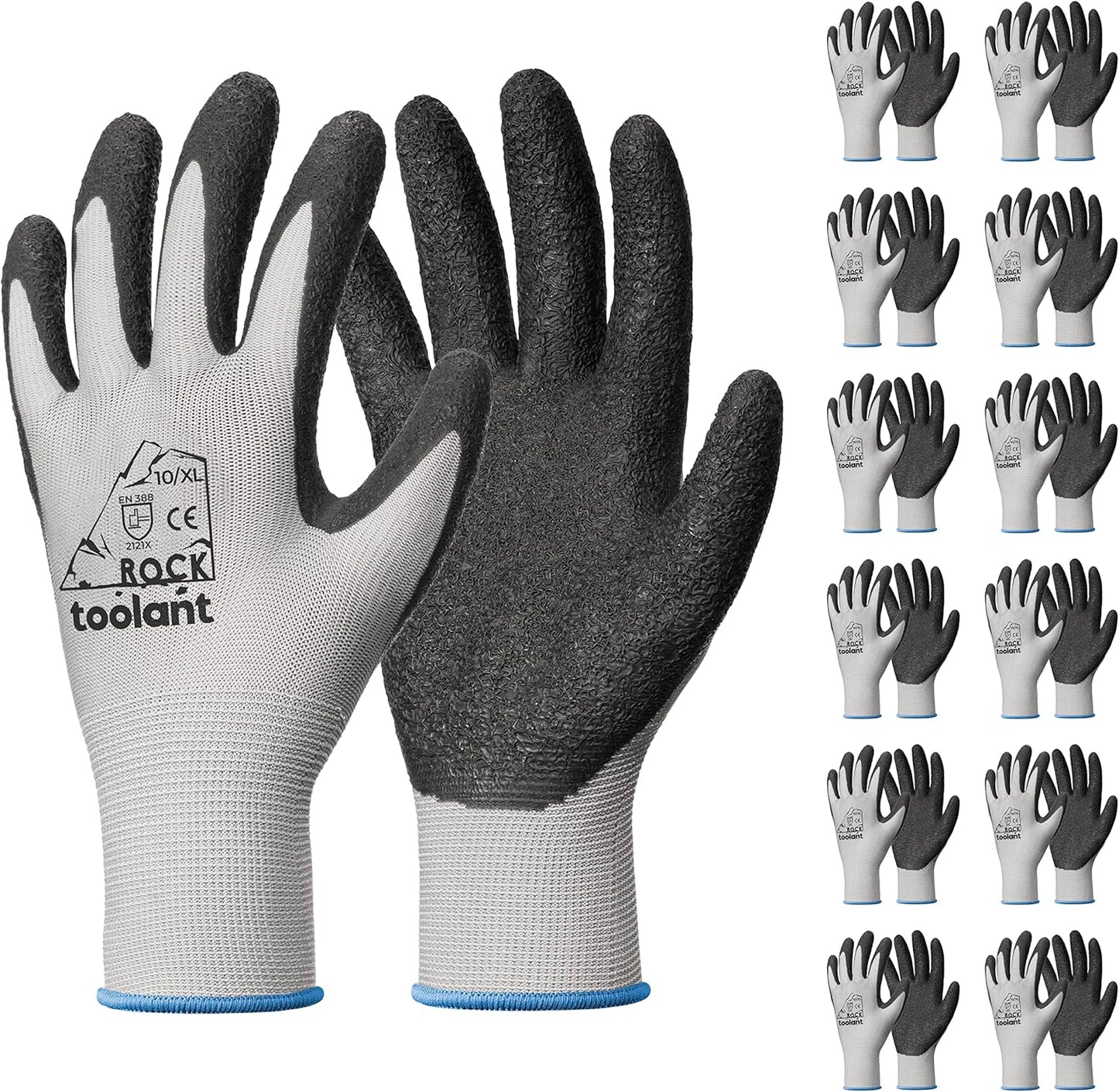 toolant Crinkle Latex Work Gloves Bulk, Rubber Coated Safety Work Gloves for Men and Women, 12 Pairs for Construction, Gardening, Warehouse (Gray, XL)