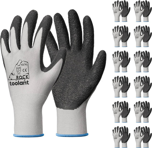 toolant Crinkle Latex Work Gloves Bulk, Rubber Coated Safety Work Gloves for Men and Women, 12 Pairs for Construction, Gardening, Warehouse (Gray, XL)