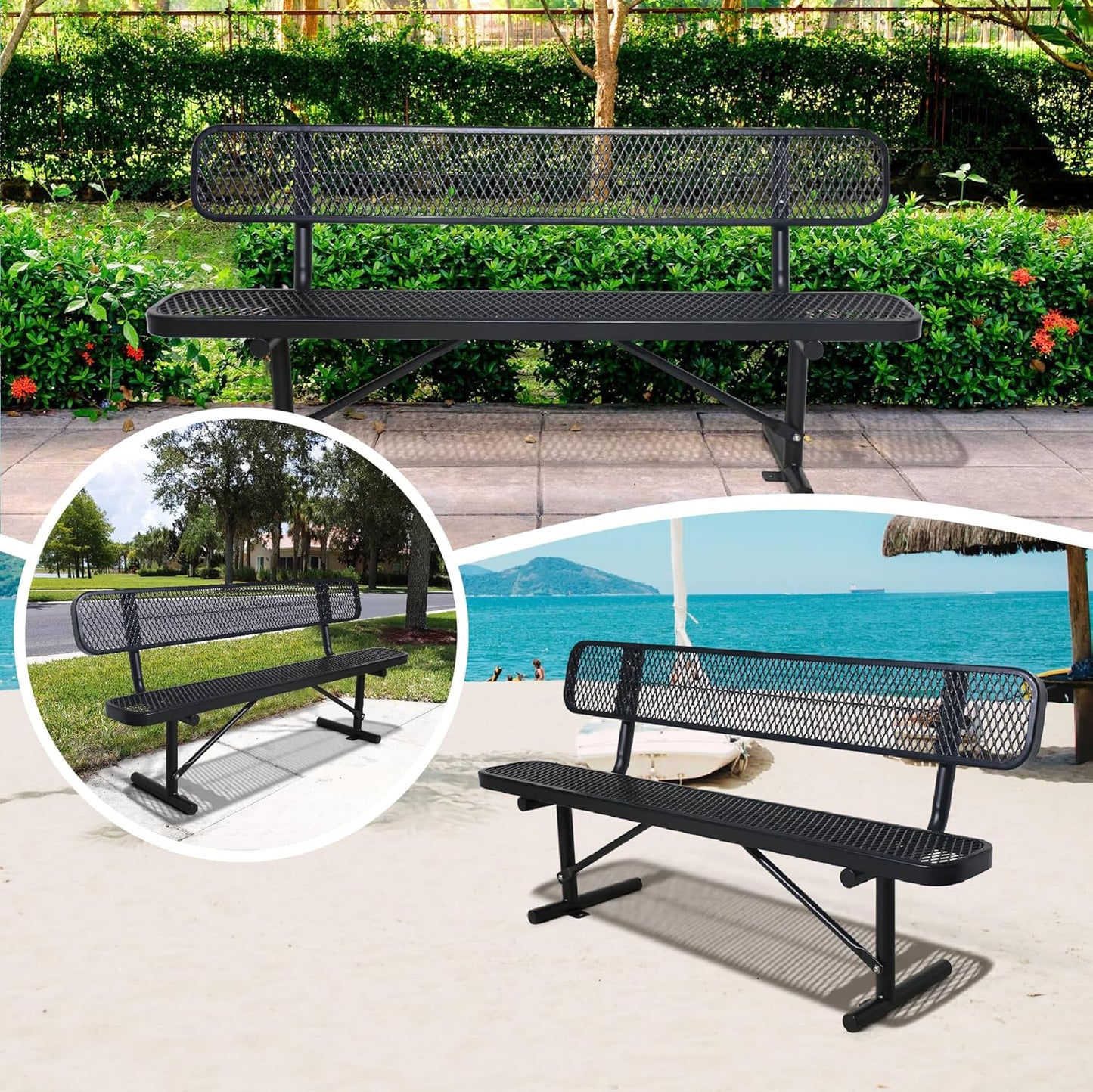 6FT Outdoor Metal Park Bench with Backrest, Outdoor Black Bench, Heavy-Duty Expanded Metal Picnic Bench Steel Mesh Portable Seating Patio Bench for Garden, Porch, Park,School,Road Sports