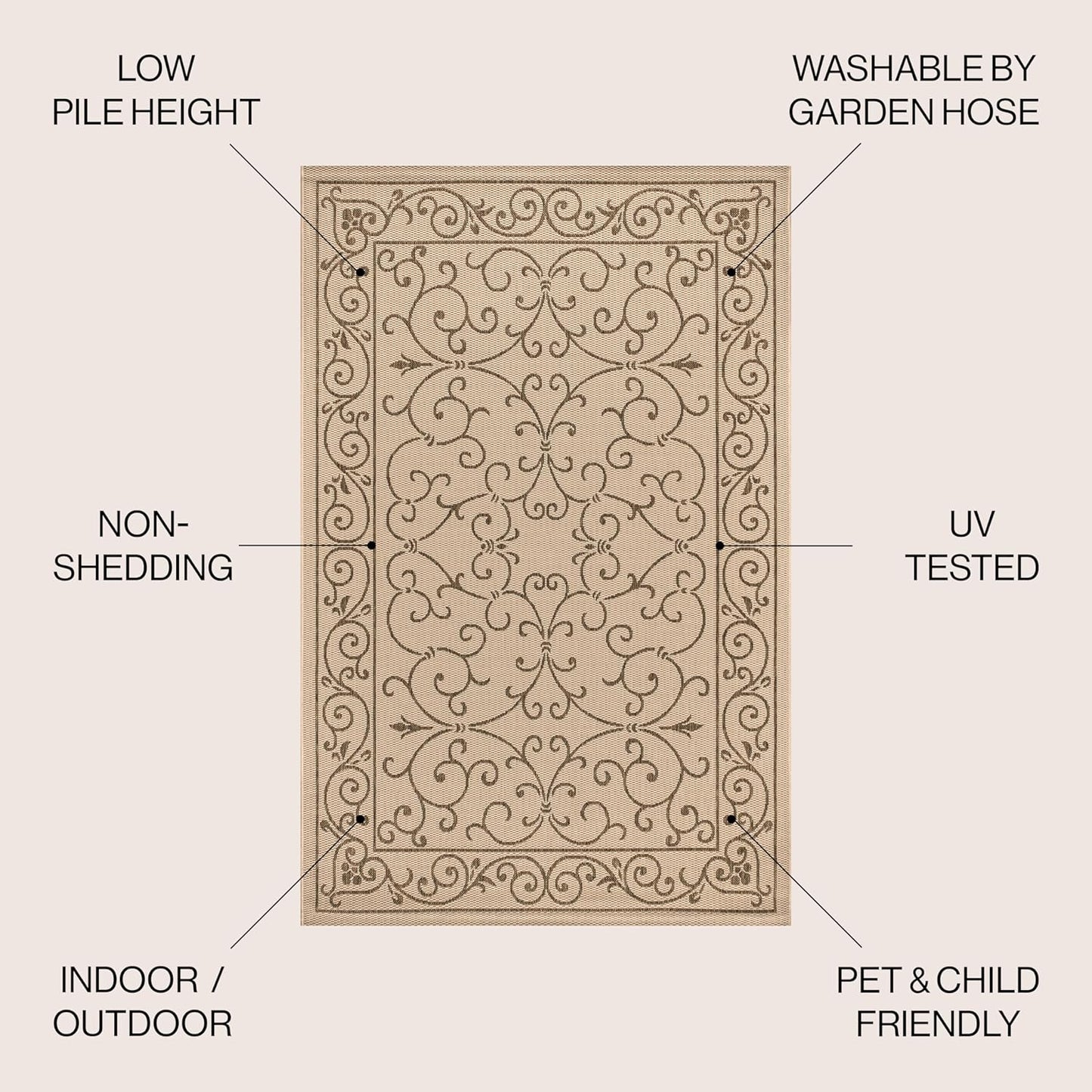 JONATHAN Y SMB106A-6R Charleston Vintage Filigree Textured Weave Beige/Brown 6' Round Indoor/Outdoor Area Rug, Pet Friendly, Non-Shedding, Stain Resistant, Easy-Cleaning for Backyard, Patio, Porch