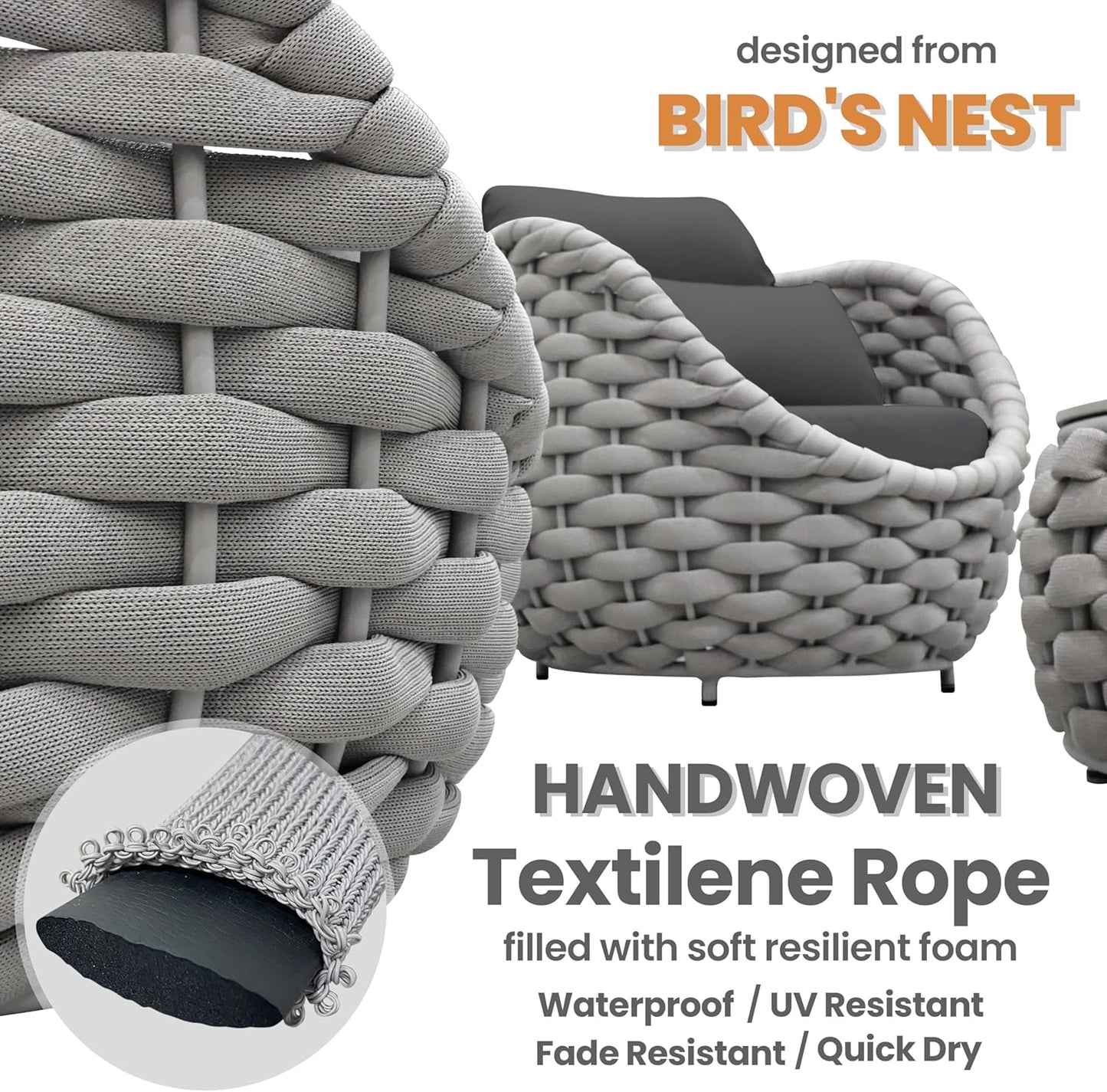 Fully Assembled Patio Furniture Set: 5-Piece Woven Rope Outdoor Conversation Set Cushioned - Modern Metal Deck Loveseat Chair Table Set - Porch Seating for Courtyard Garden Poolside Hotel Resort