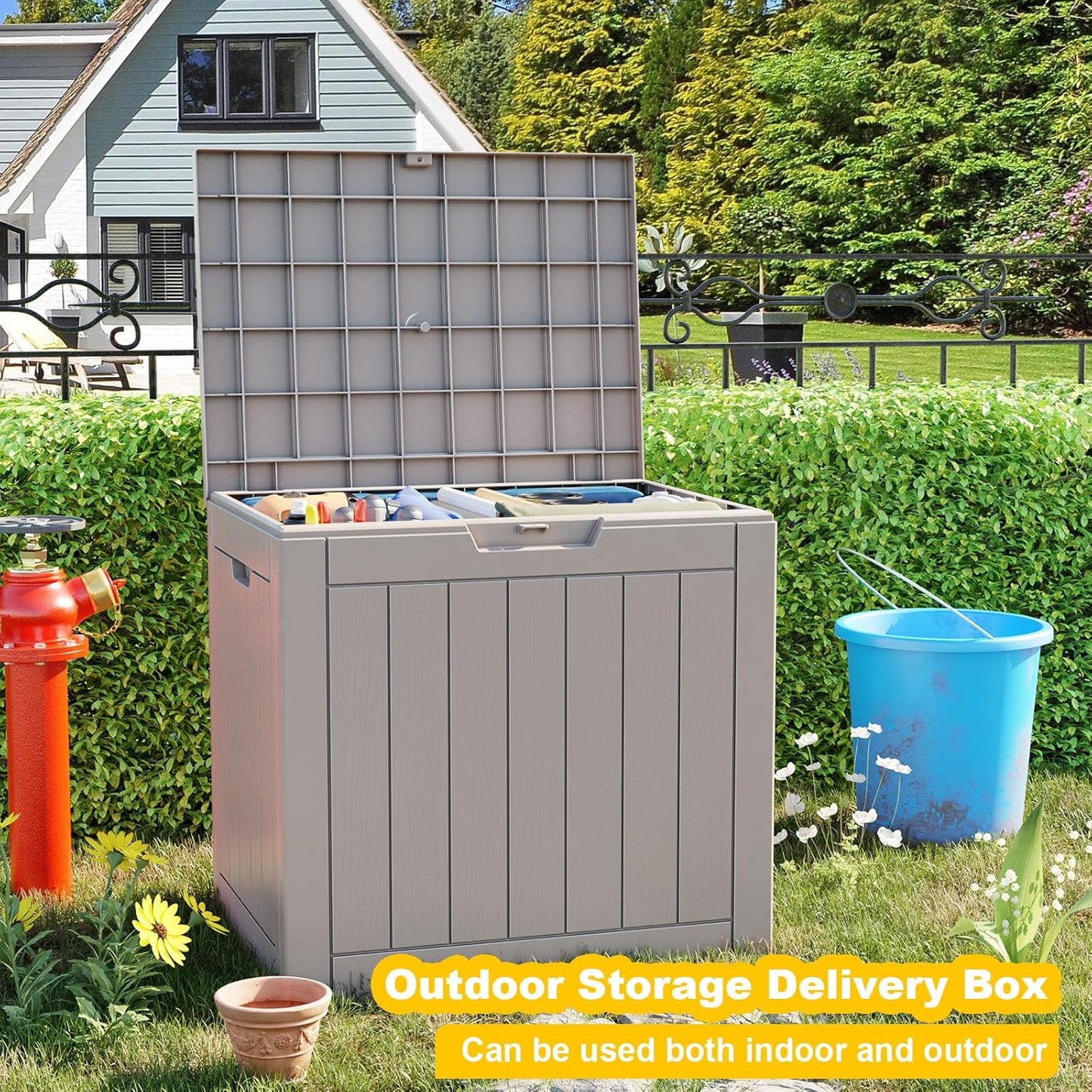 36 Gallon Outdoor Deck Box,Storage Lockable Waterproof Patio Furniture,Garden Tools,Cushions,Pool Accessories Outside Storage Resin Box(Grey)