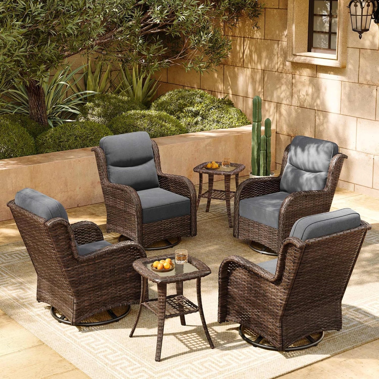 HILLGA Luxury Patio Furniture Set with 6-inch Thick Cushion, Outdoor High Back Swivel Rocker Patio Chairs, 6PCS Wicker Conversation Set for Deck Yard and Poolside, Dark Grey (V2)
