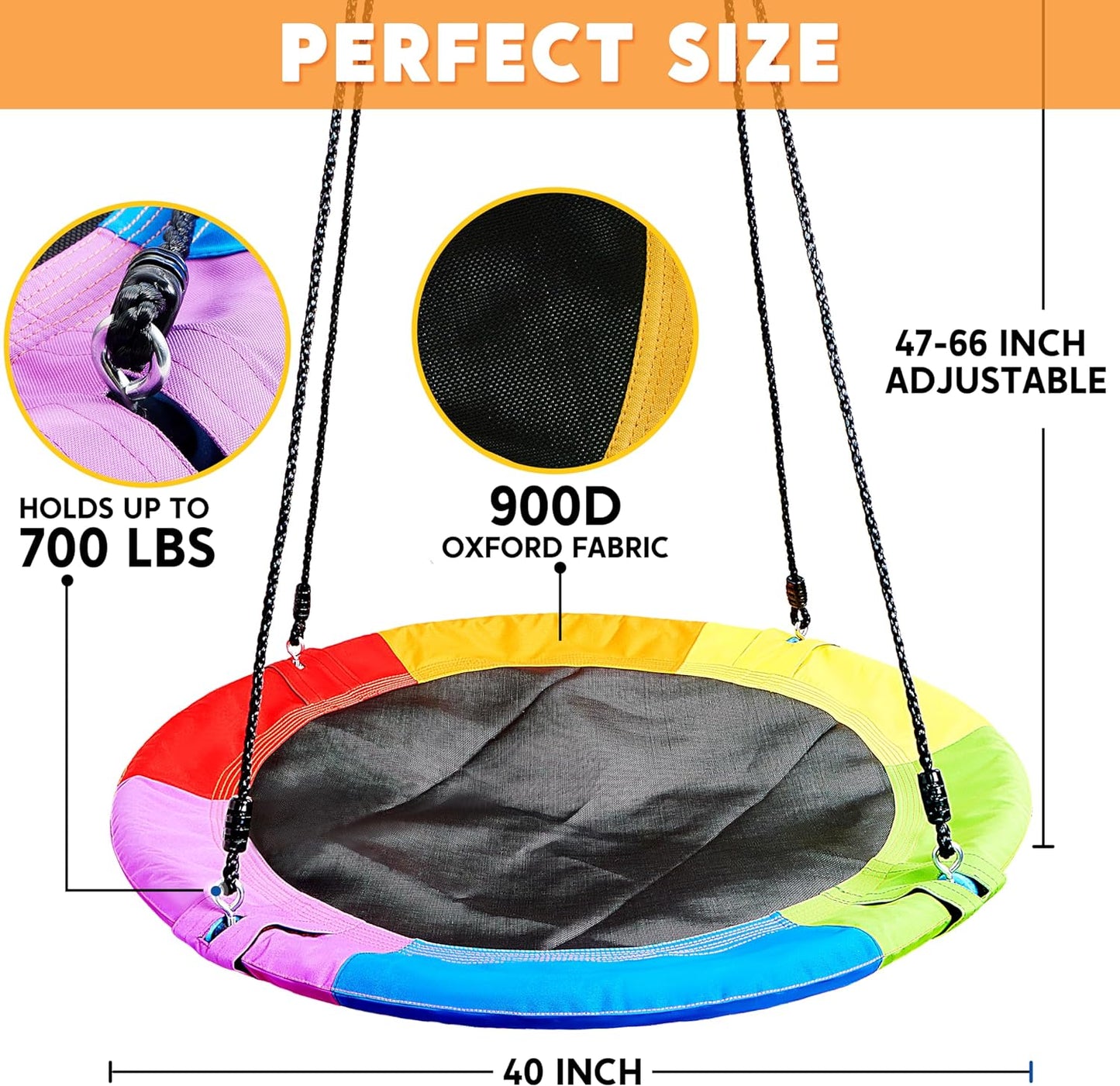 TURFEE 40" Saucer Tree Swing for Kids - 900Lb Weight Capacity, 900D Waterproof Oxford Fabric Platform Swing Seat with Adjustable Ropes for Kids Playground Outdoor Activity Backyard Fun (Rainbow)