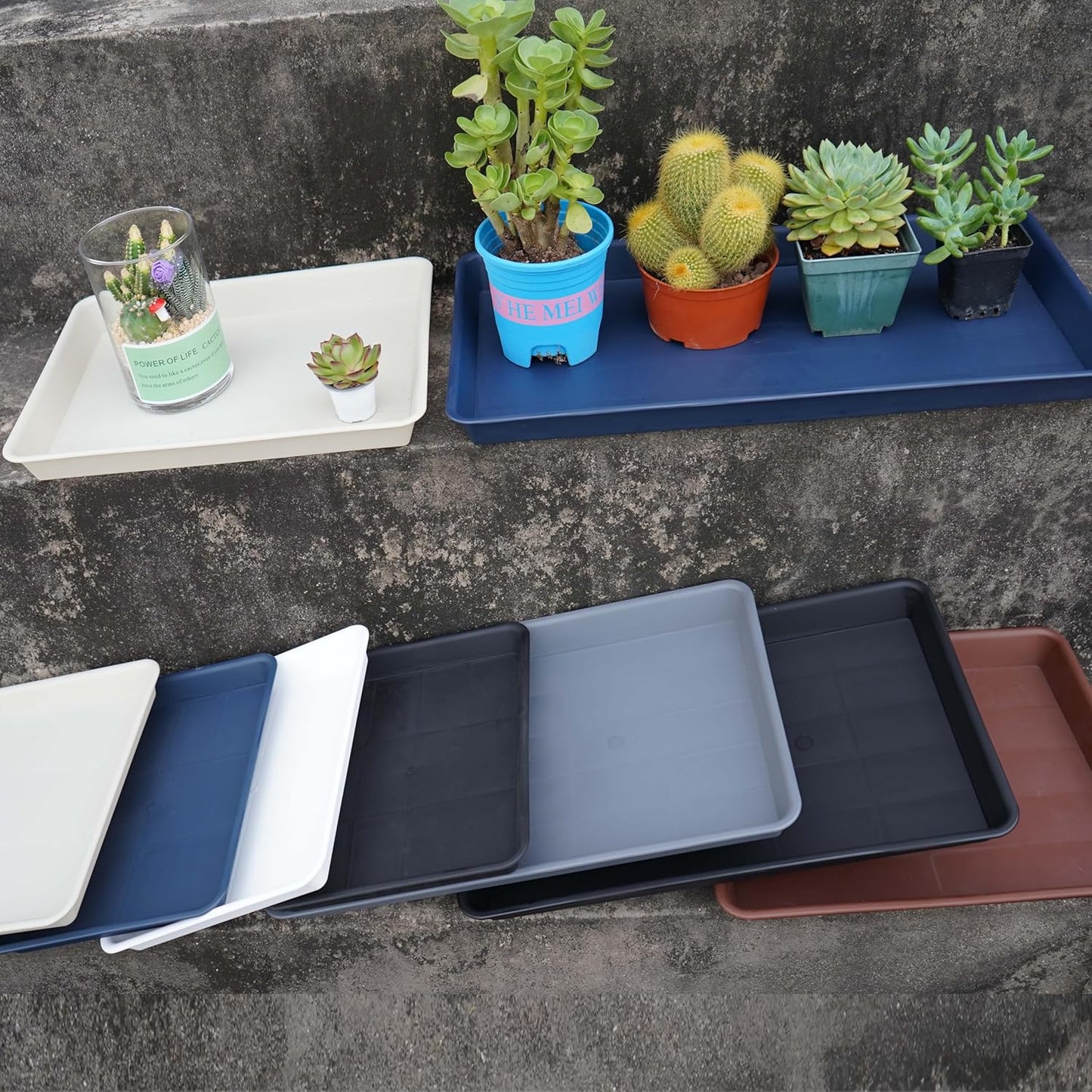 4 Pack Plant Saucer Tray Rectangular, Plant Saucers for Indoors, Heavy Sturdy Plastic Plant Drainage Trays, Plant Drip Trays for Pots, Seed Starter Growing Tray (11 x 9 inch, Beige)