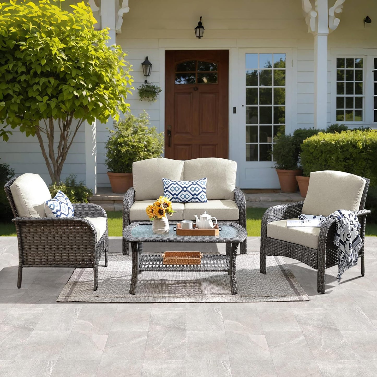 ovios 4 Pieces Patio Furniture Set, Outdoor Wicker Sofa with Coffee Table, Chairs, All Weather High Back Rattan Loveseat Couch with Comfy Cushions, Beige